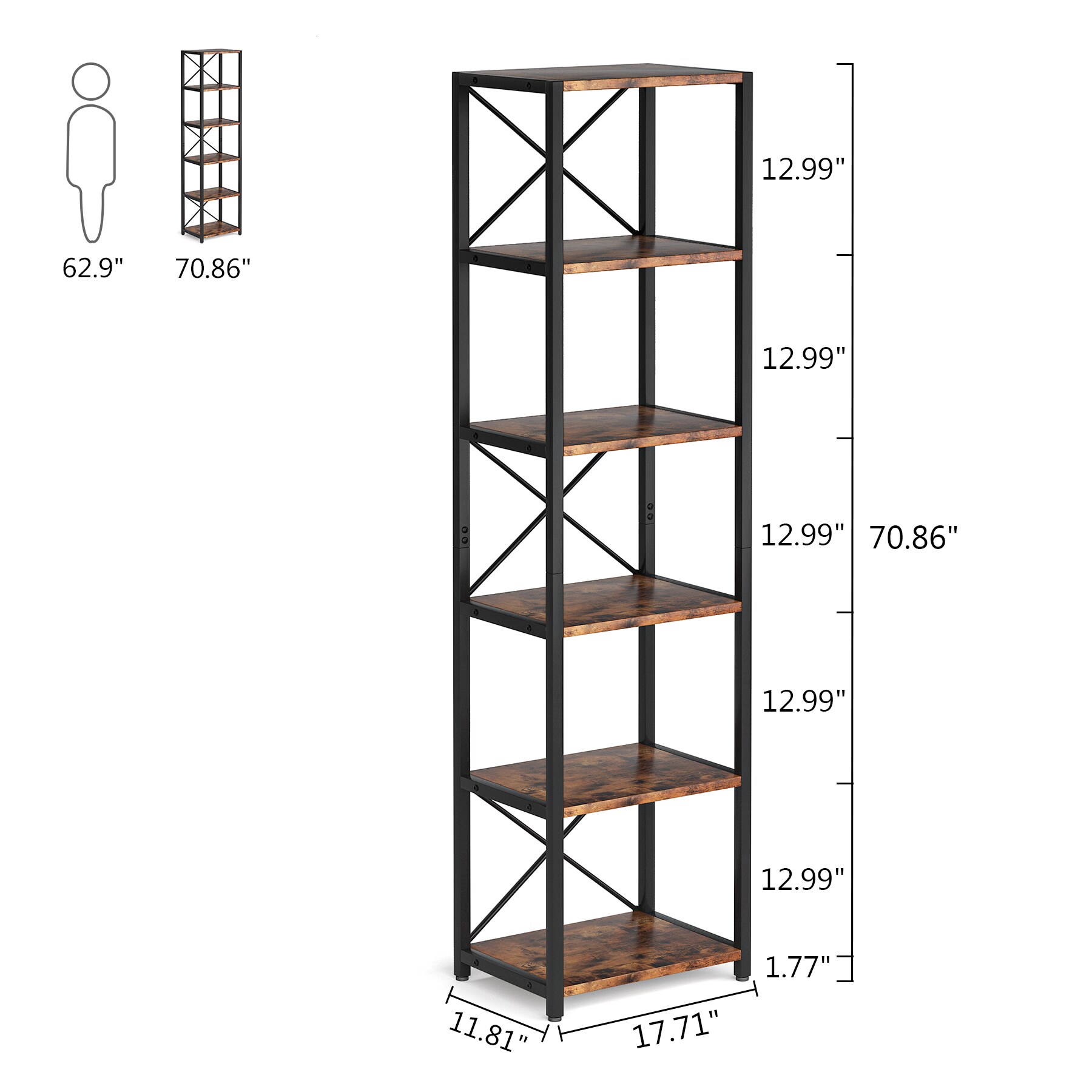 Tribesigns Hoga-JW0048 Brown Metal 5-Shelf Bookcase (17.7-in W x 70.8 ...