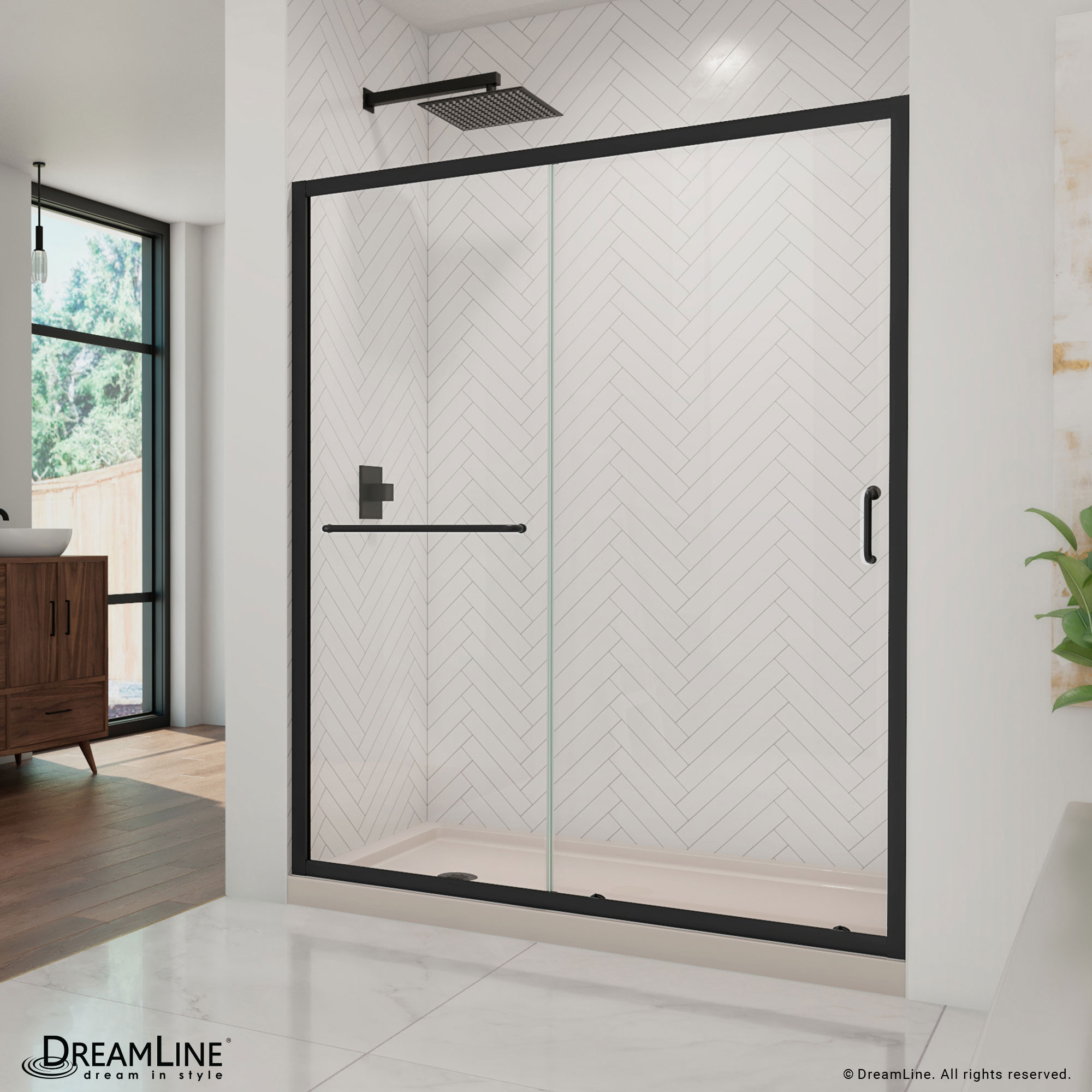 DreamLine DL6972CLL-22-09 Infinity-Z 2 -Piece 60-in W x 34-in L x 75-in H Rectangular Alcove shower kit ( Left Drain) Base and Door Included Black Hardware Included