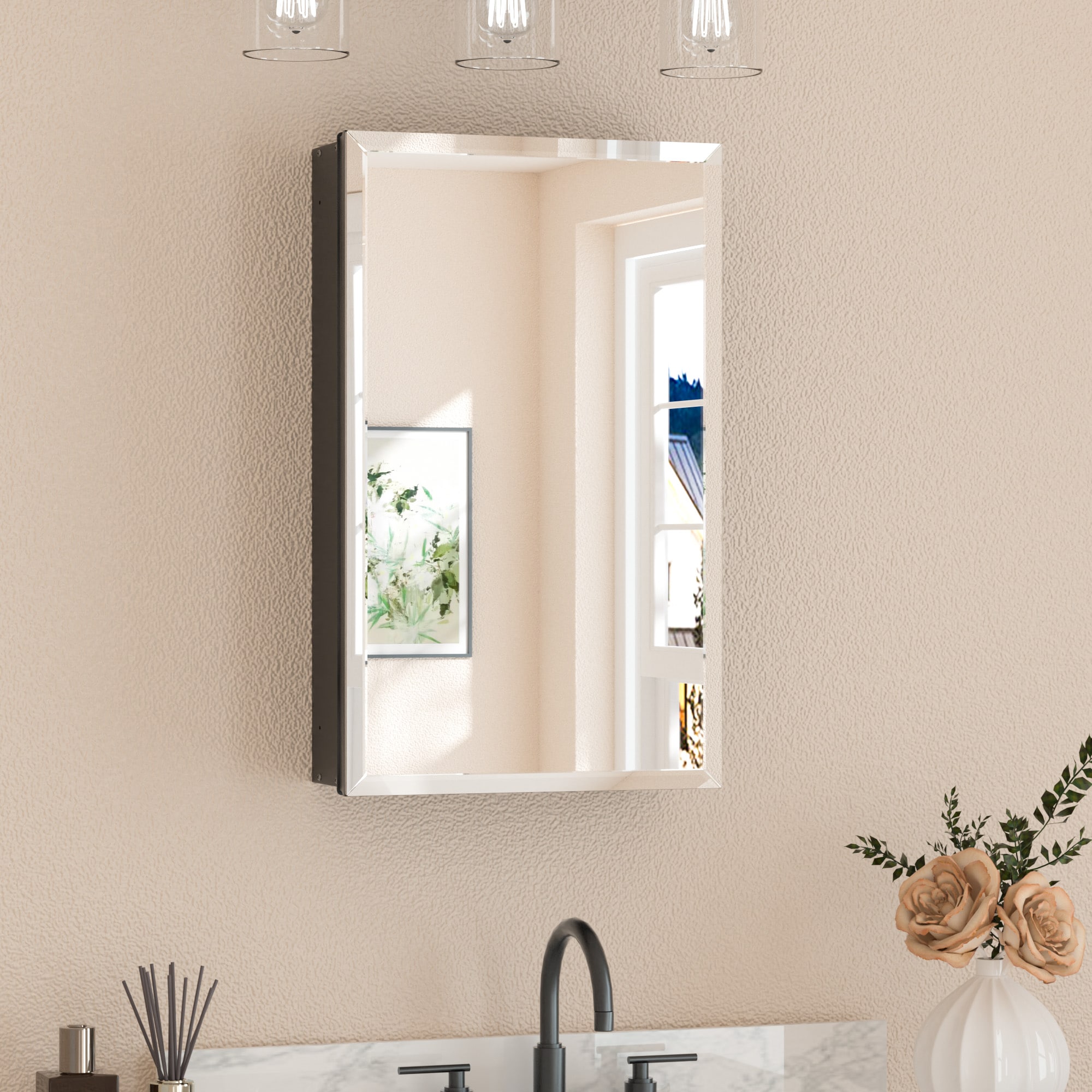 Keonjinn LW-JG-FJXP-4166-BK 16-in x 26-in Surface/Recessed Mount Black Mirrored Rectangle Soft Close Medicine Cabinet