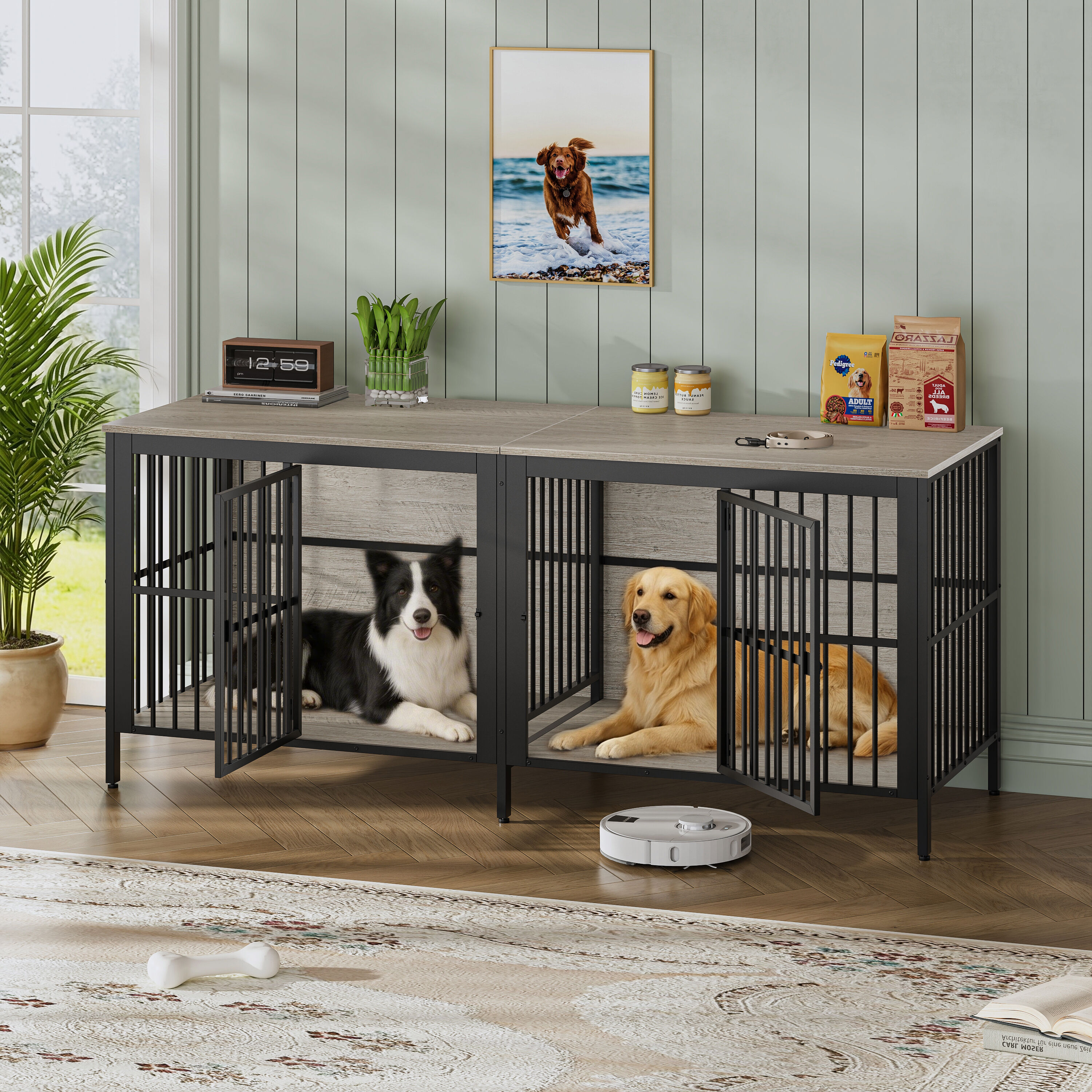 JUSHUA - Heavy duty two door indoor dog kennel sized 80 Inches doubles as end table furniture it ...