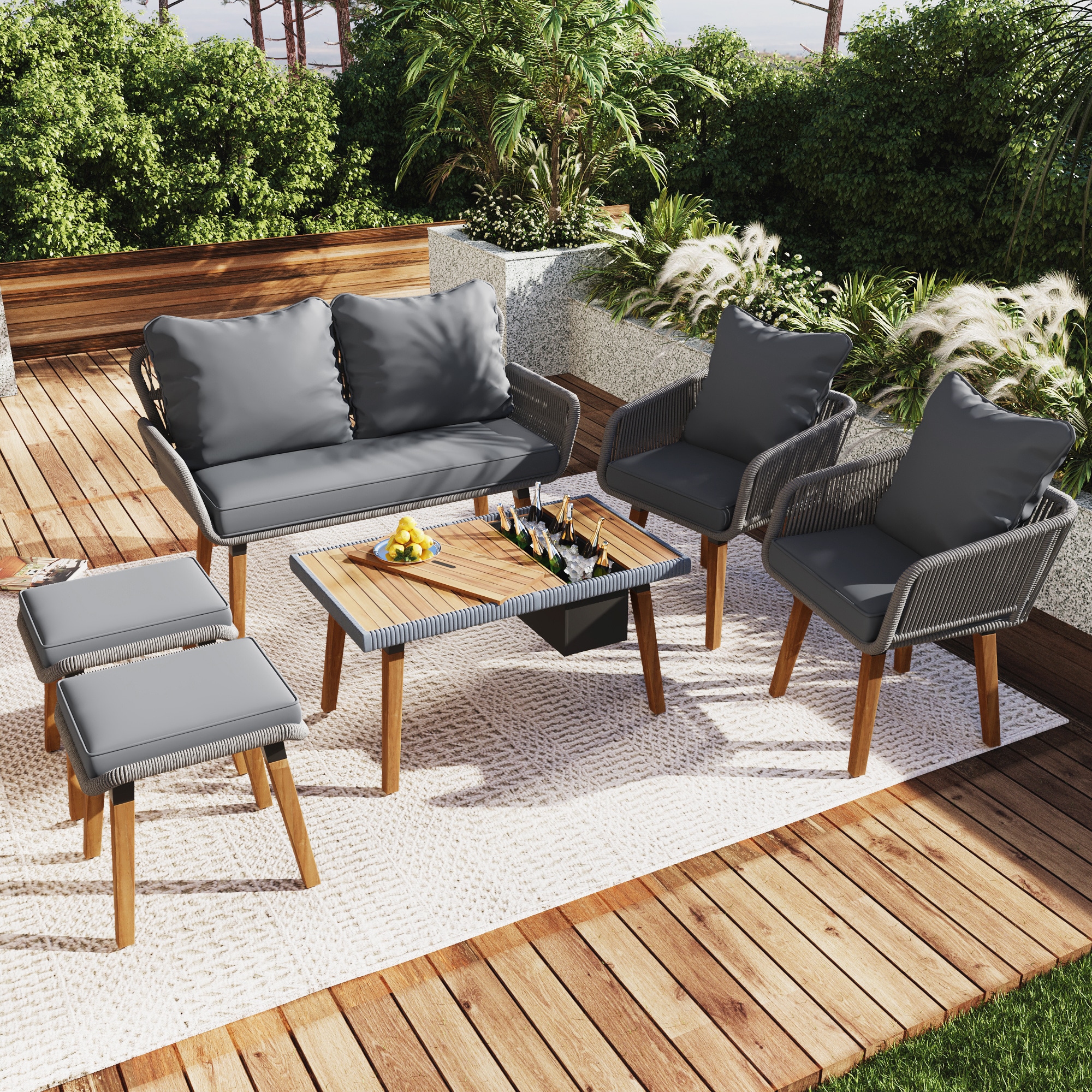 BABOOM BOM-SK000005-OR Rope Outdoor Furniture Set 6-Piece Patio Conversation Set with Gray Cushions