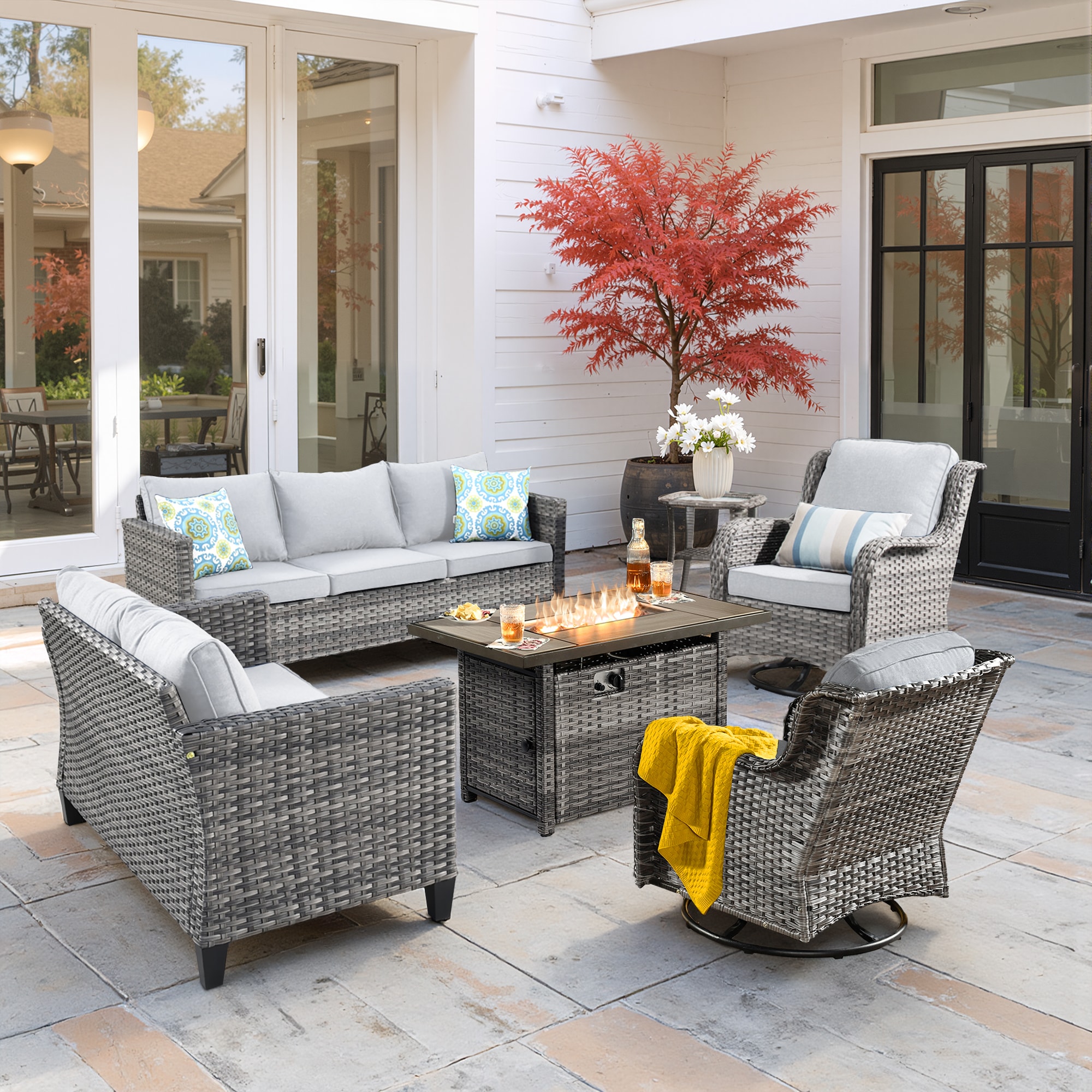 weaxty HMBCFPGRSYZGNTC400-3 Trueno 6 -Piece Rattan Patio Sofa Conversation Set with Gray Cushions