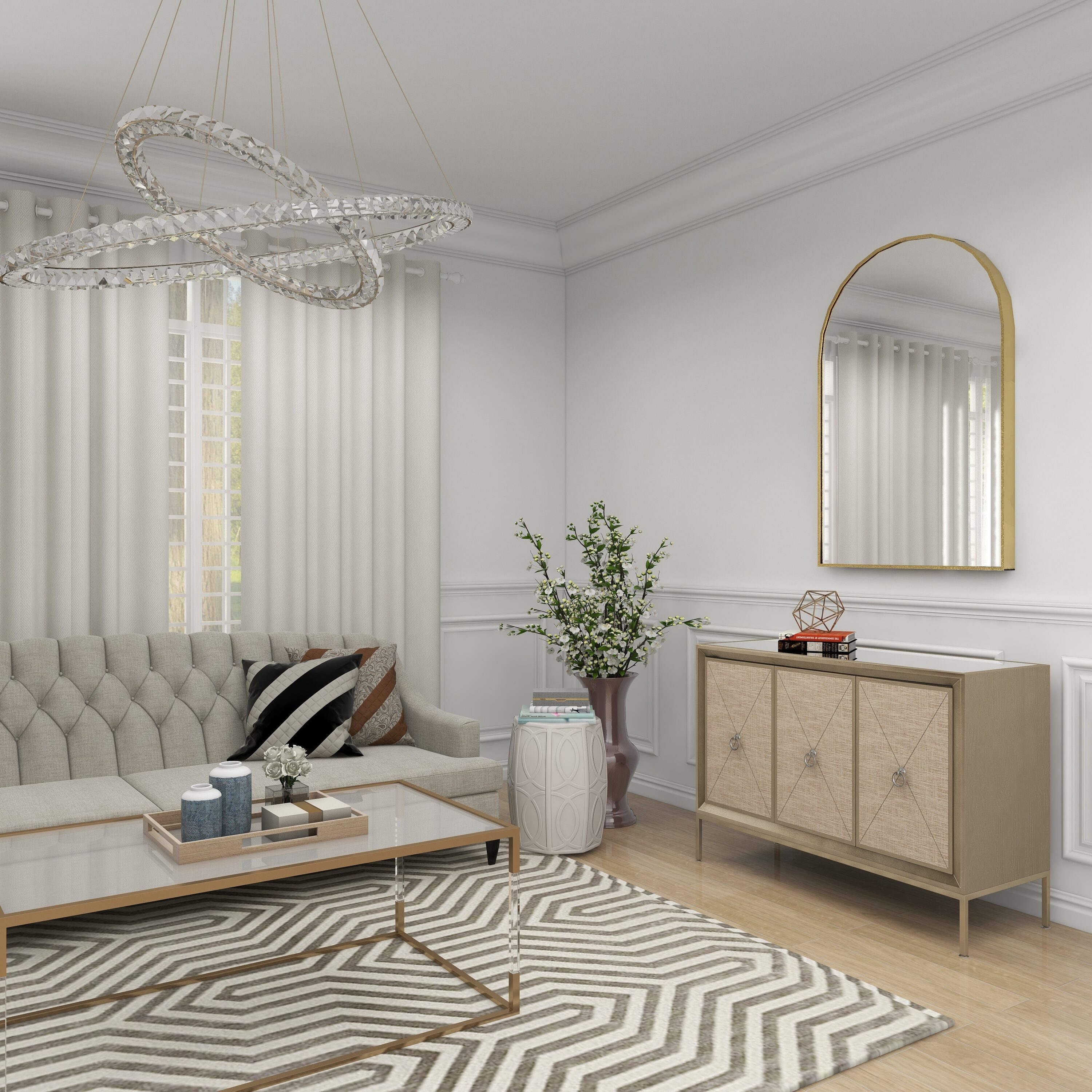 Gray Upholstered 3-Door Cabinet with Mirrored Top and Ring Handles
