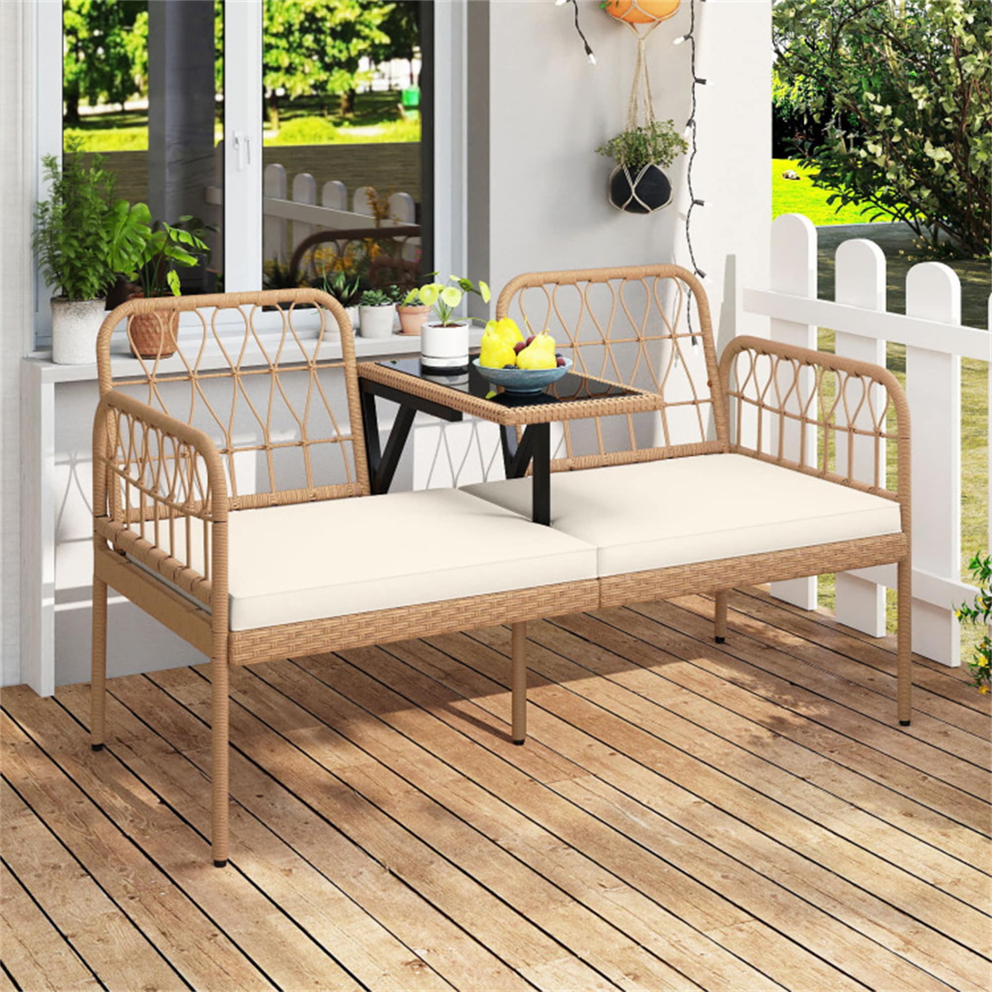 BABOOM BOM-OP70229-CO PE Rattan Outdoor Loveseat 54-in W x 33-in H Off White Rattan Steel Love seat Bench