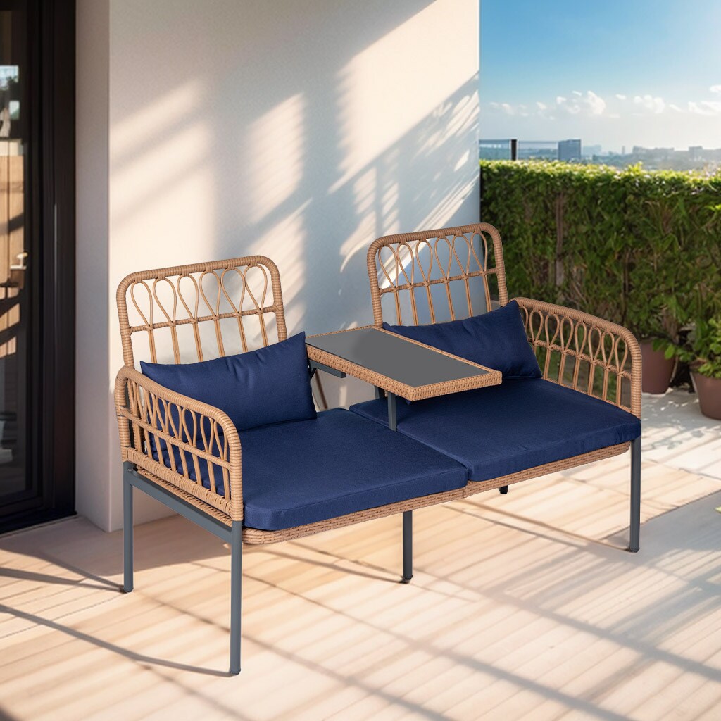 Grearden LS-ST025BL Rattan Patio Conversation Set with Blue Cushions