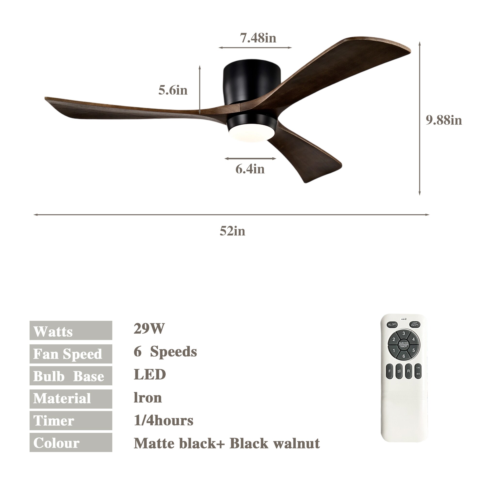 Shinevoy 52 in. Matte Black Indoor Reversible Quiet DC Motor