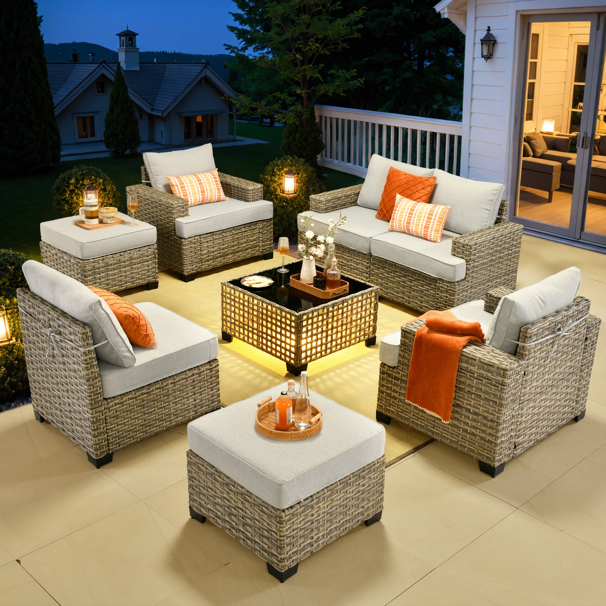 Ovios TS407T 8 -Piece Wicker Patio Conversation Set with Light Gray Cushions