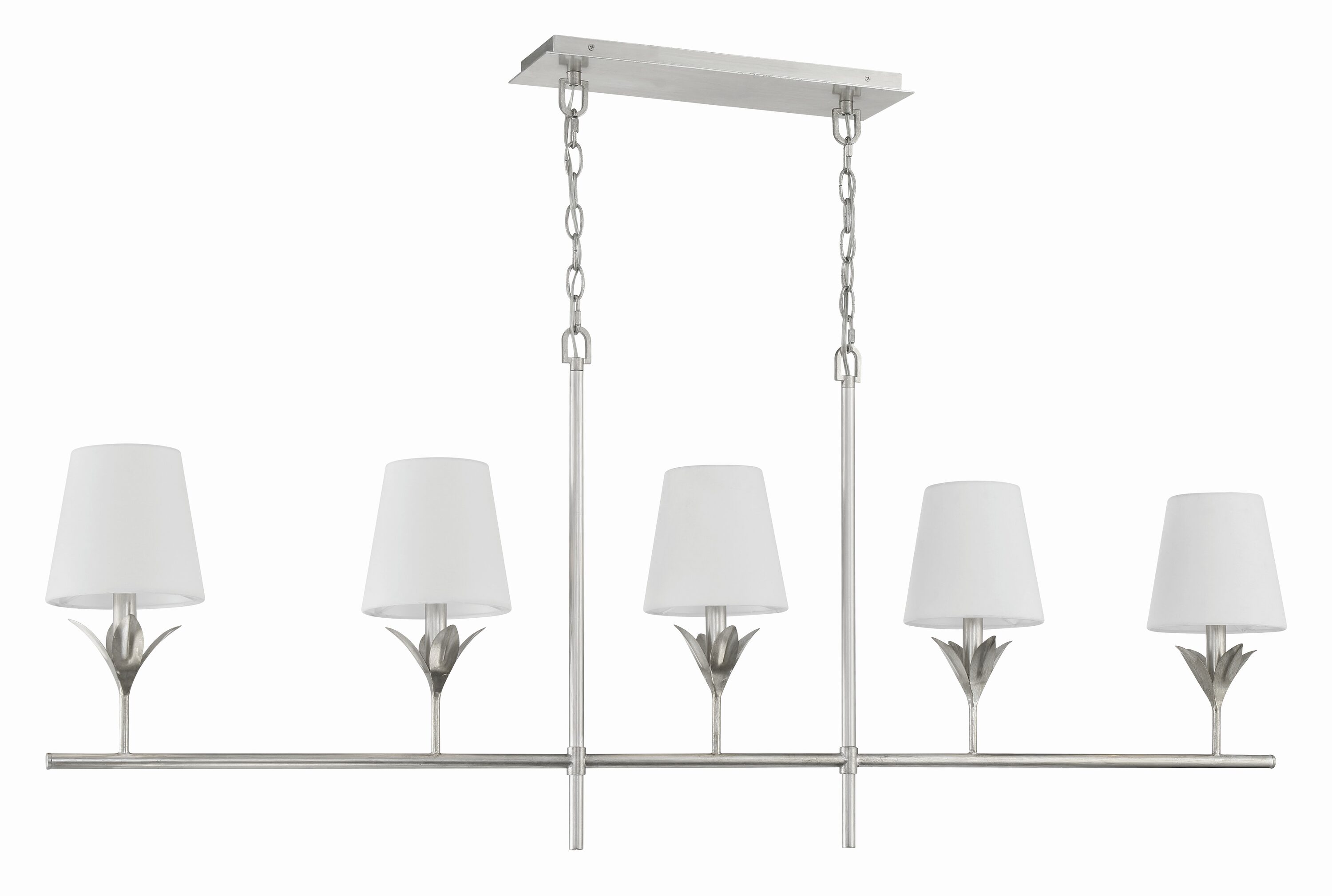 Antique Silver 5-Light Chandelier with White Silk Shades
