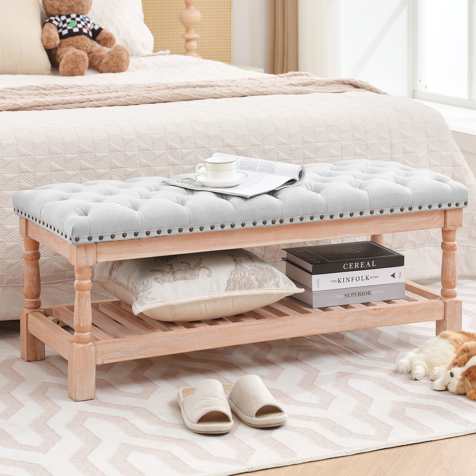 JEAREY JE-HMLG-WH-K Old World/Vintage Beige Accent Bench with Storage 43-Inches x 18-Inches x 17-Inches