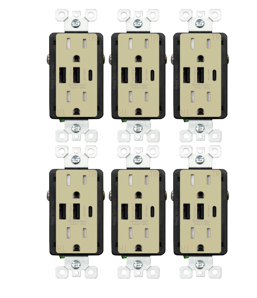 Utilitech R1815D60AAC-IV6 15 -Amp 125-volt Tamper Resistant Residential Decorator USB outlet Type A/C , Ivory 6 -Pack