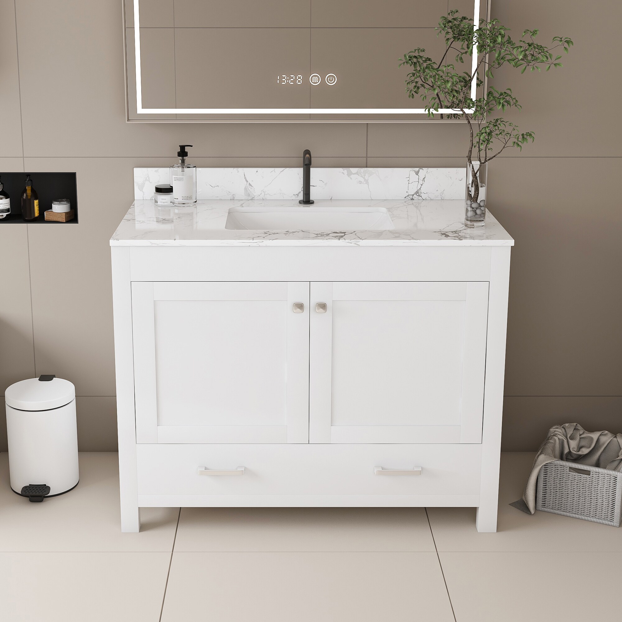 Tatayosi RY-09S00138 43 Inch Modern Bathroom Vanity with Carrara White Marble Top and Multi Storage Cabinet with Divided Drawers and Soft Close Doors
