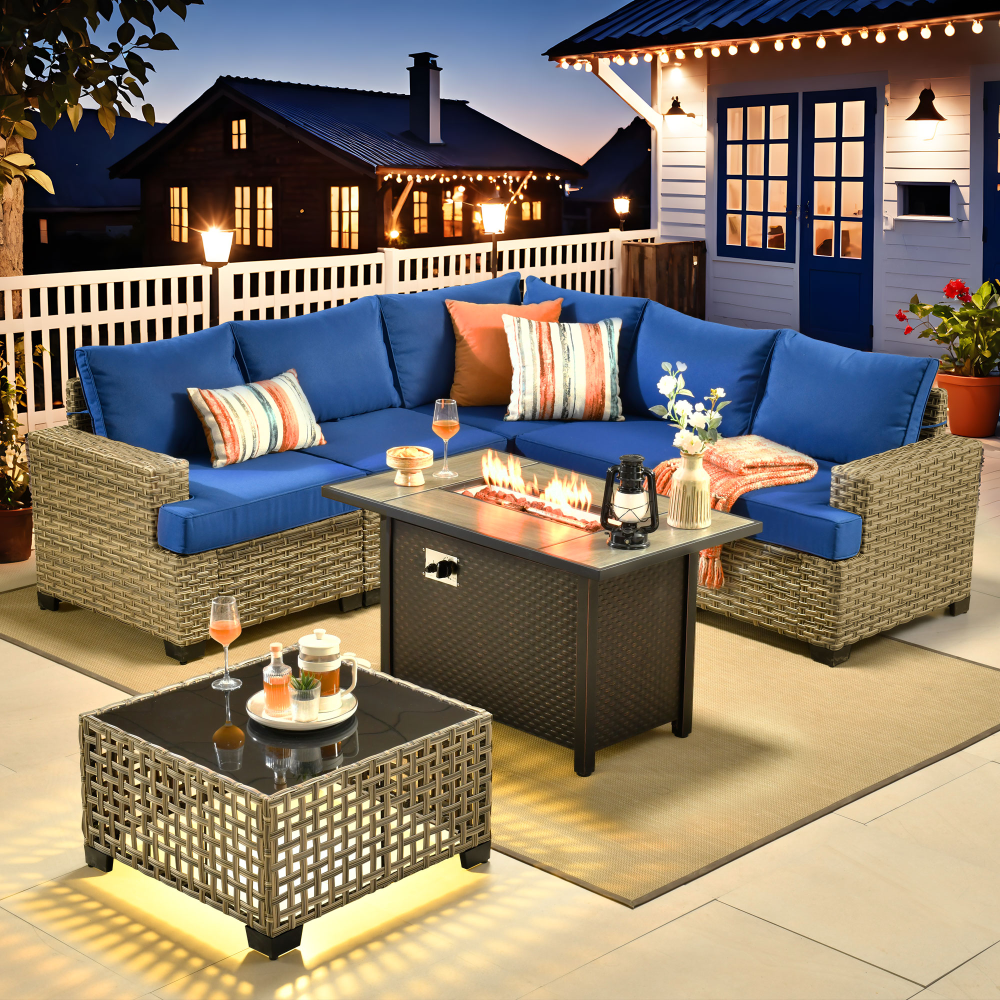 Caodoc L5-CFP03-TBS707-1 CFP03-TBS Wicker Outdoor Sectional with Blue Cushions and Wicker Frame