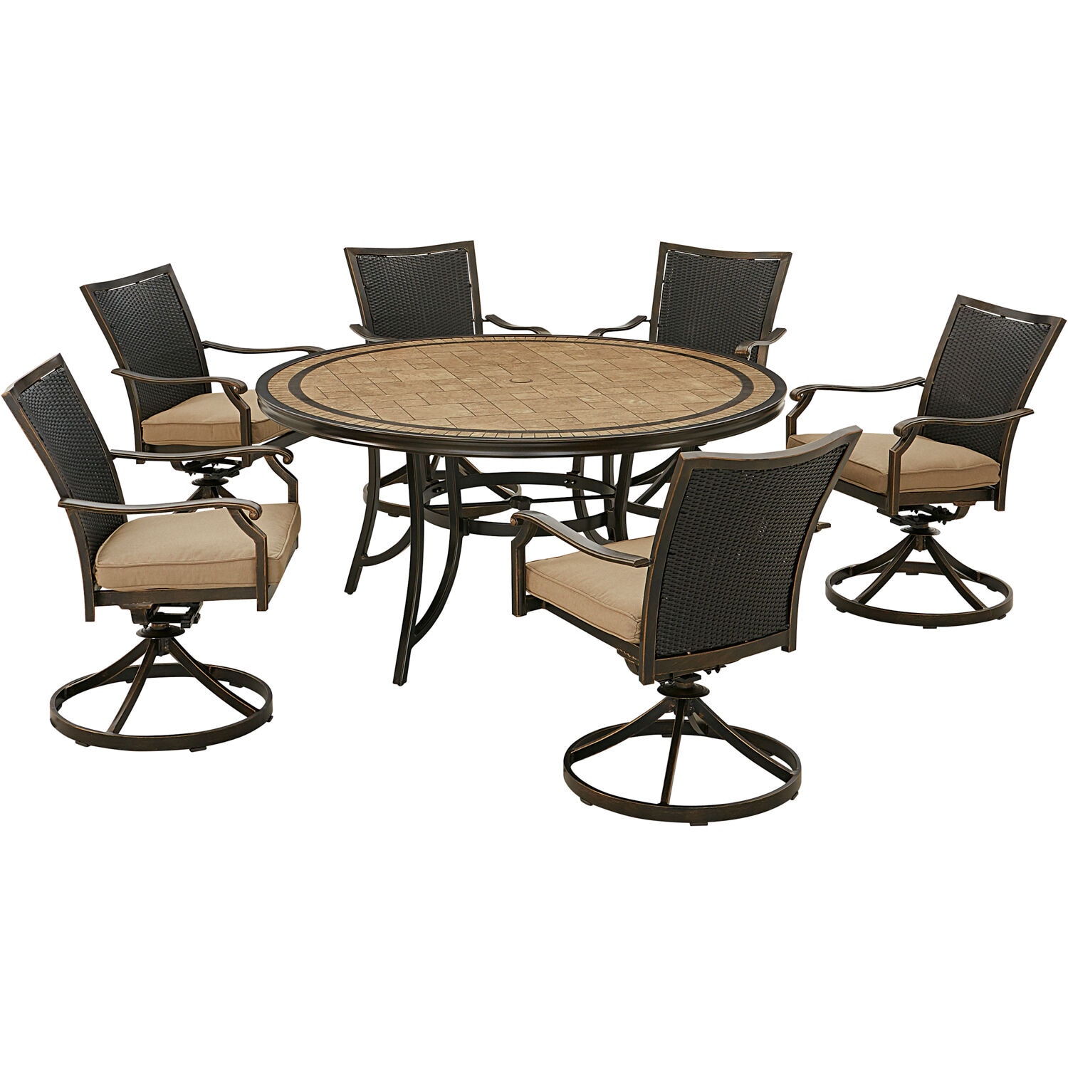 Hanover MONDNWB7PCSW6RDTLTAN Monaco 7-Piece Brown Patio Dining Set Aluminum Round Table with 6 Tan Cushions Swivel Rocker Chairs