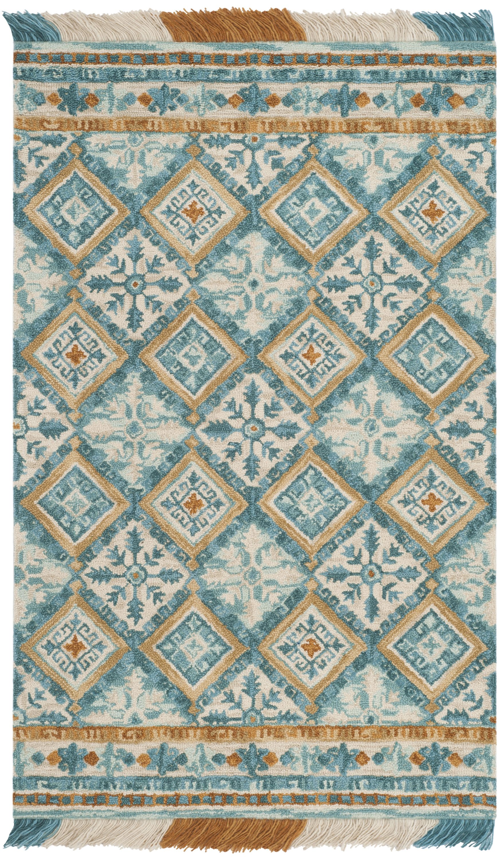 Safavieh BLM421B-5 Blossom Ottilia 5 x 8 (ft) Tufted Wool Ivory/Teal Rectangular Indoor Abstract Bohemian/Eclectic Area rug