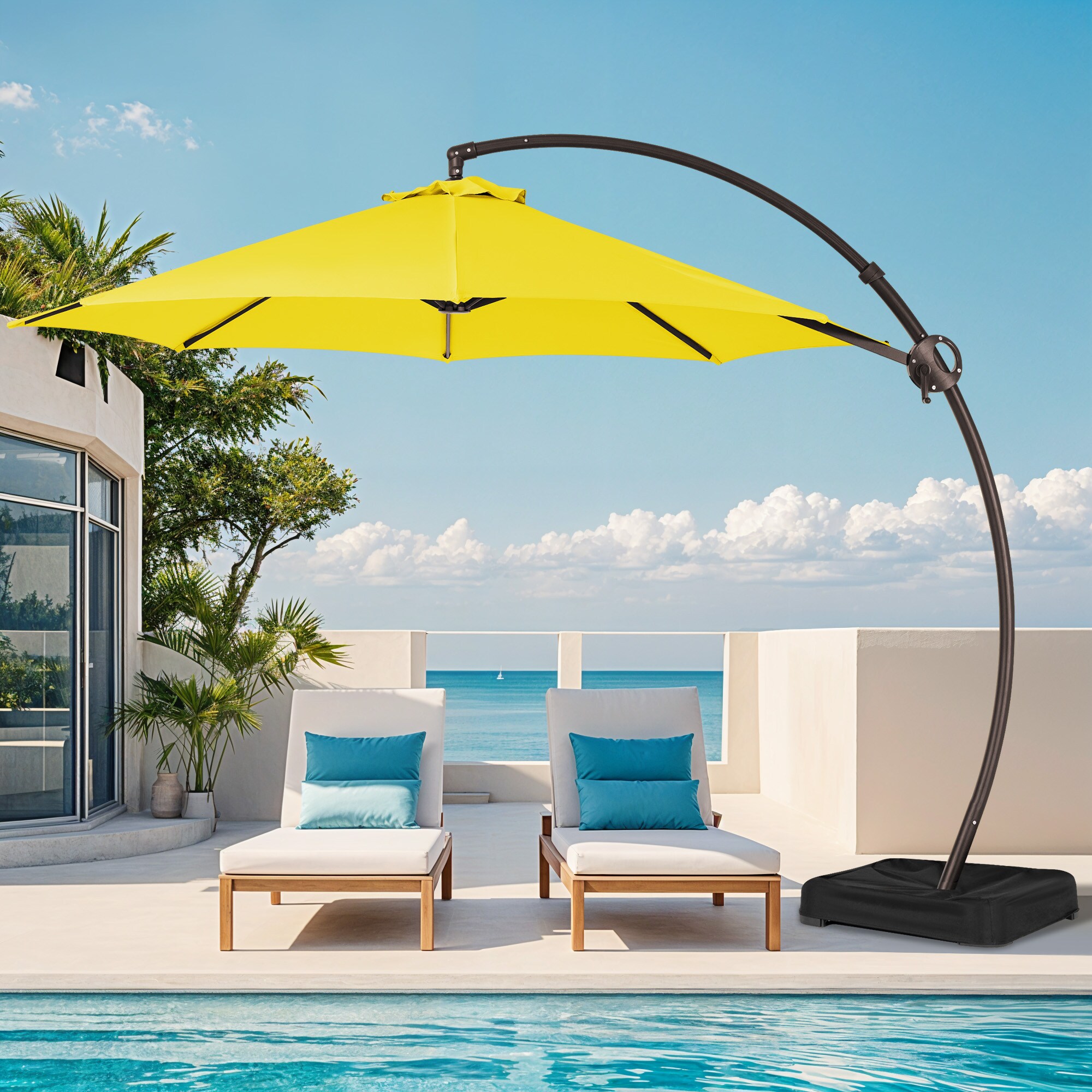VOUA 10X10-LK-YW+DZ 11-Feet Aluminum Yellow Crank Cantilever Patio Umbrella with Base