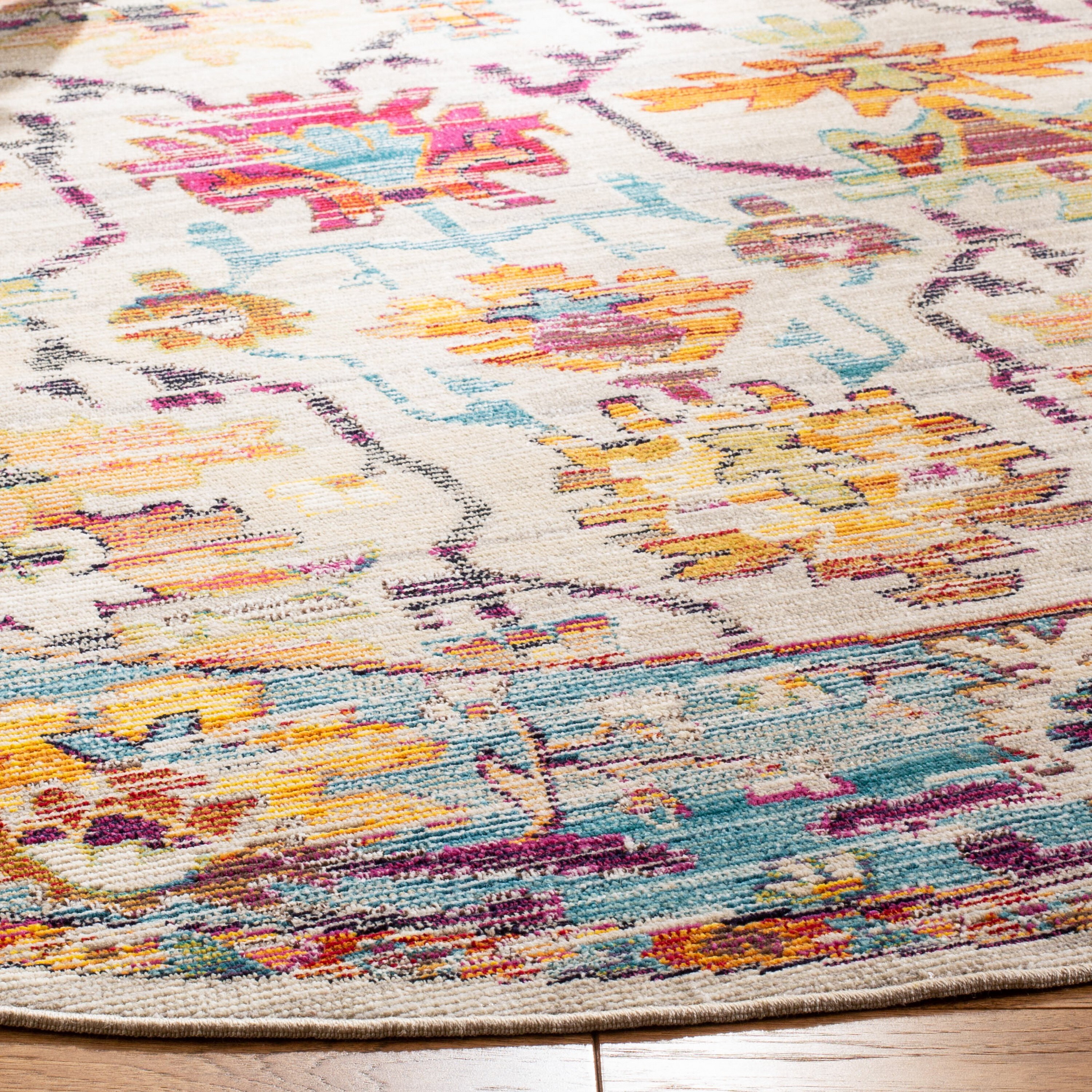 Bohemian Bliss Cream/Teal Oriental Round Rug - 7'x7'