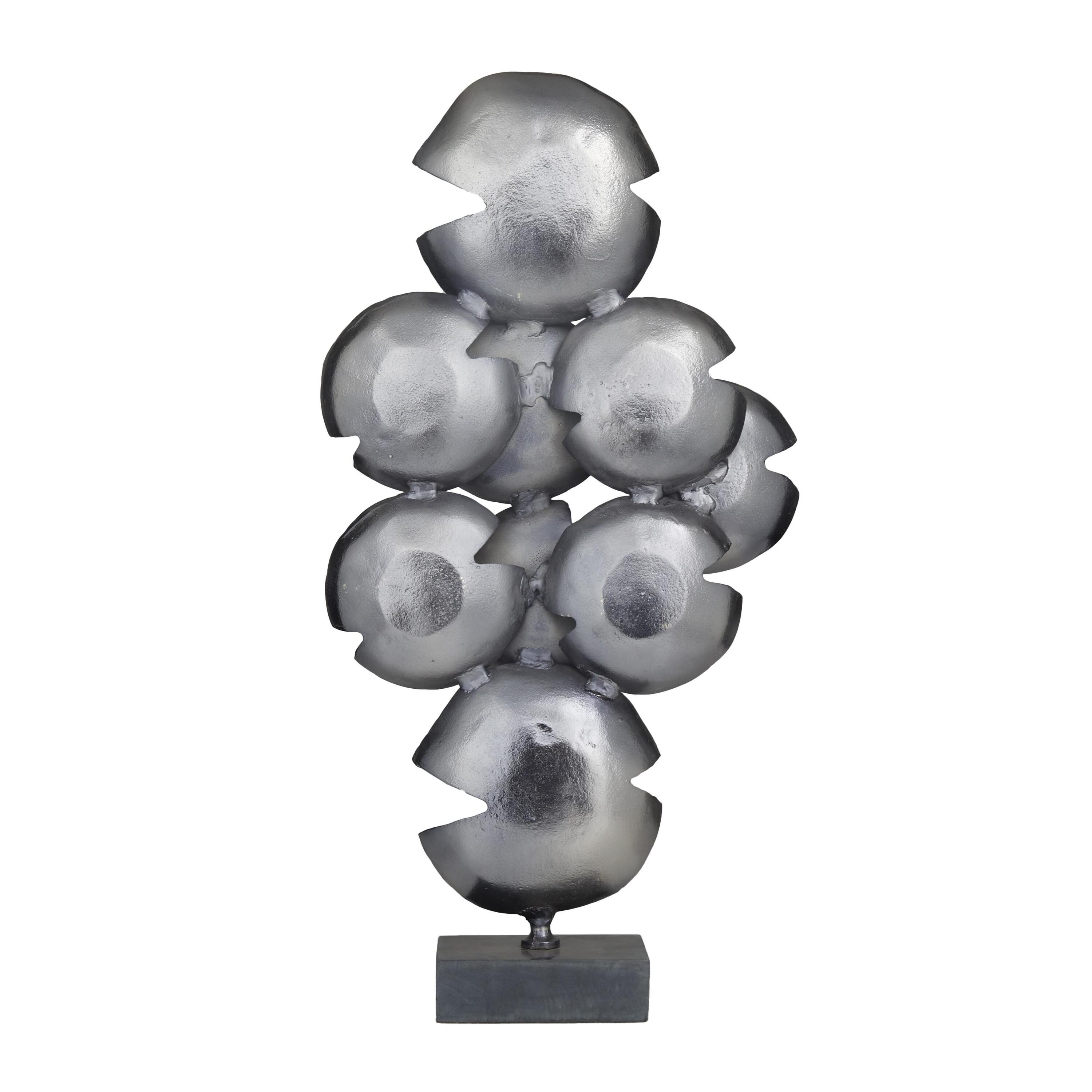 Gray Aluminum Layered Disk Abstract Sculpture with Black Base