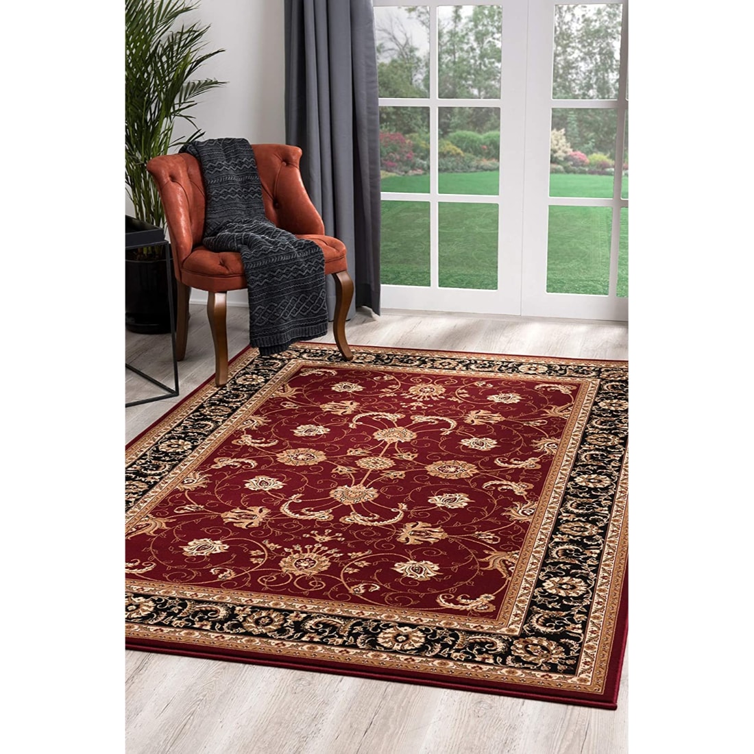 HomeRoots 4000395283 2 x 10 (ft) Loomed Olefin Red Black Rectangular Indoor Medallion Runner rug