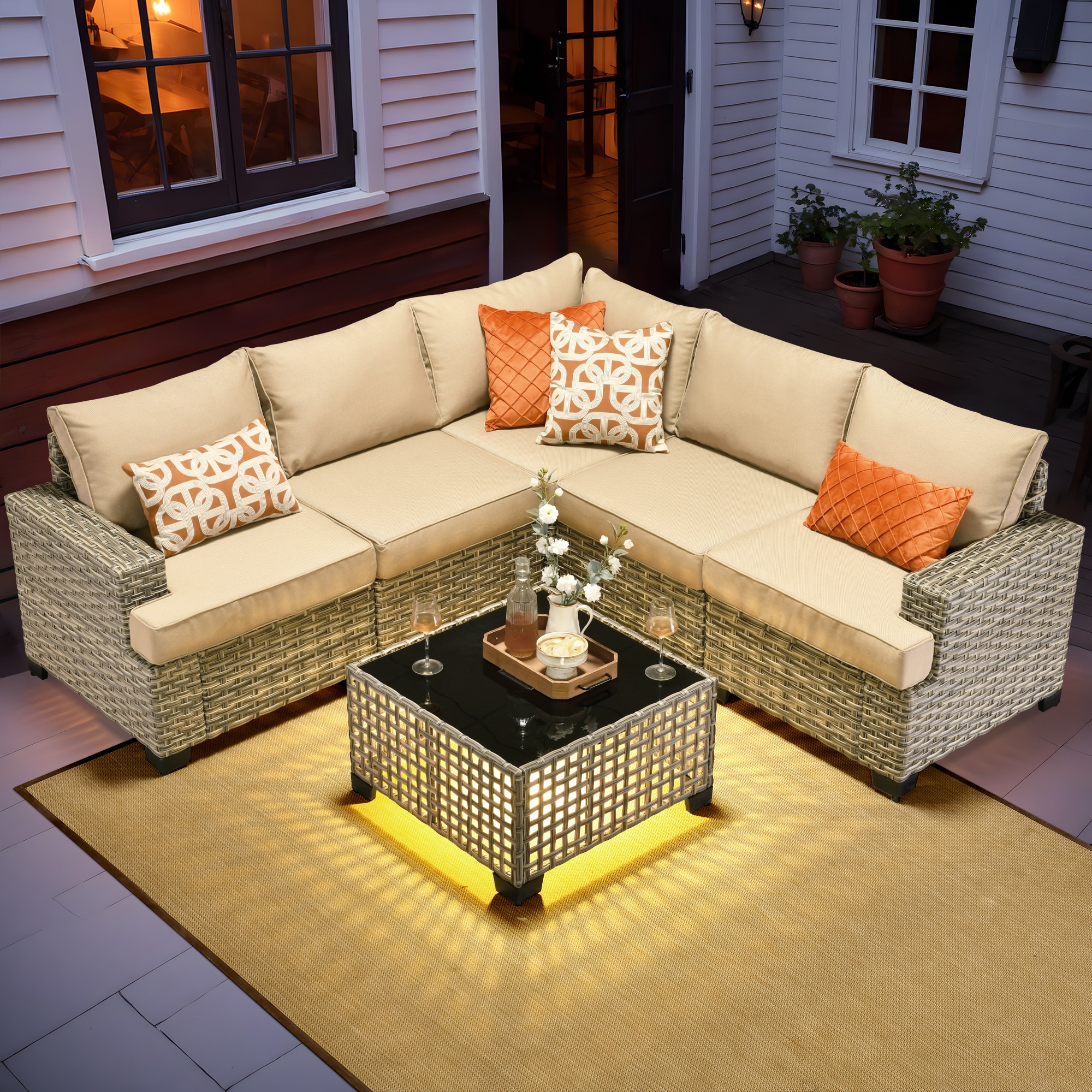 Caodoc L5-TBS606-1 TBS Rattan Outdoor Sectional with Beige Cushions and Wicker Frame