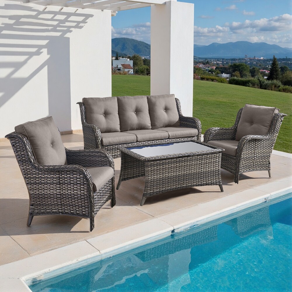 Outdoor Conversation Set 4 -Piece Wicker Patio Sofa Conversation Set with Gray Cushions