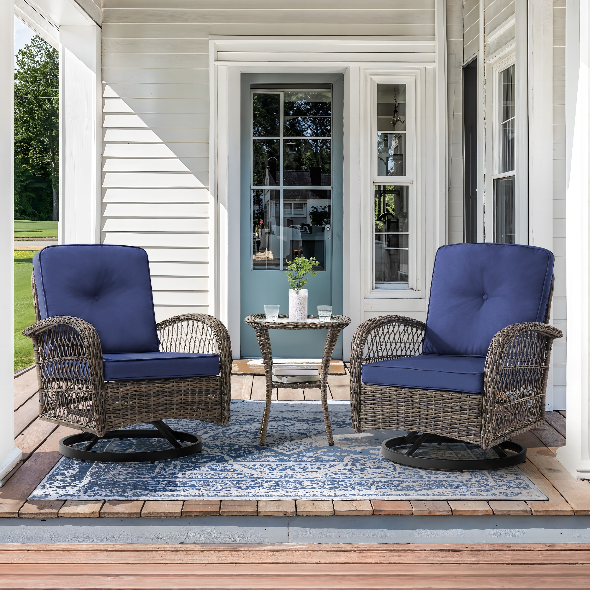 Yurevna JS-001-01LS 3 -Piece Rattan Patio Conversation Set with Blue Cushions