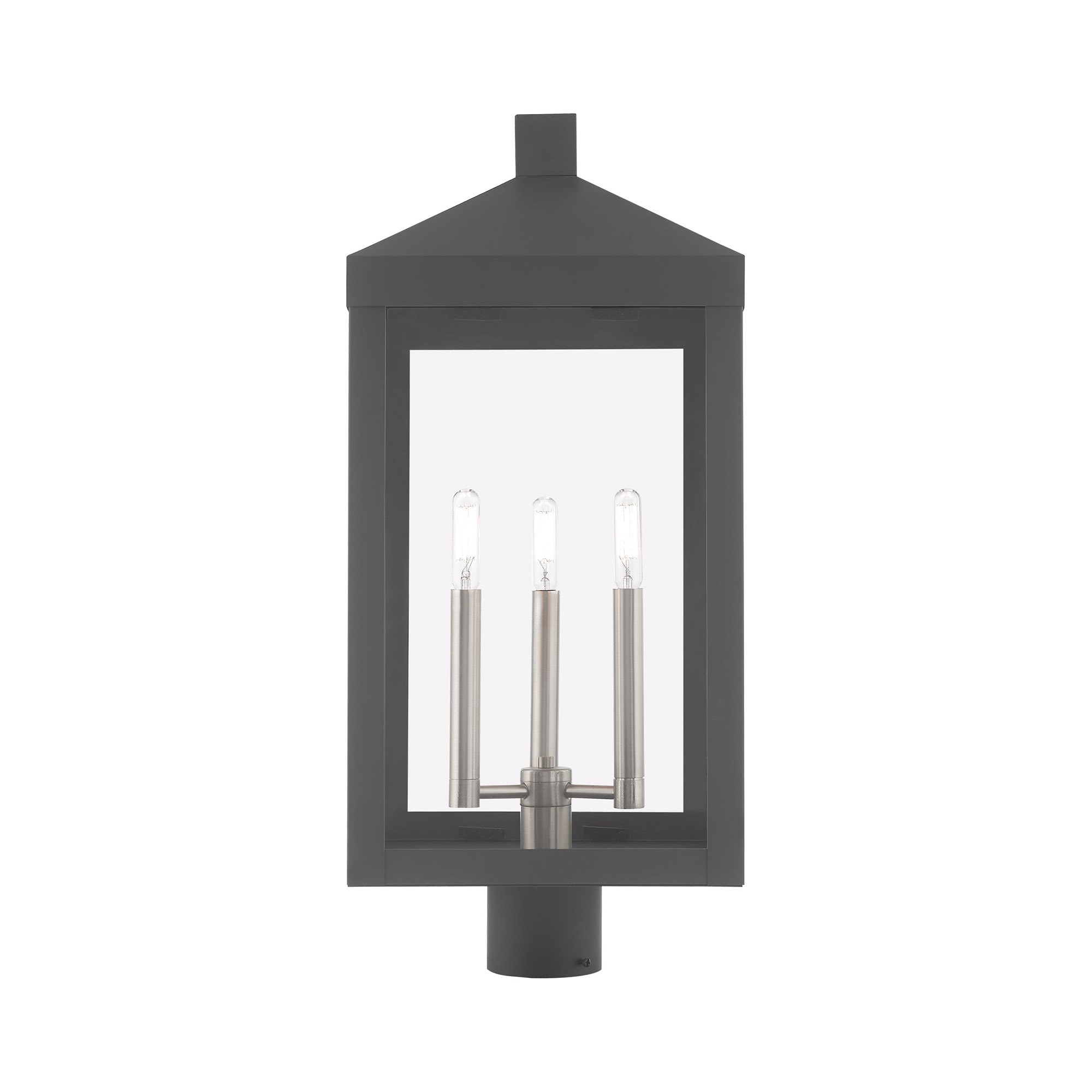 Scandinavian Gray Brass 3-Light Outdoor Post Lantern with Clear Glass