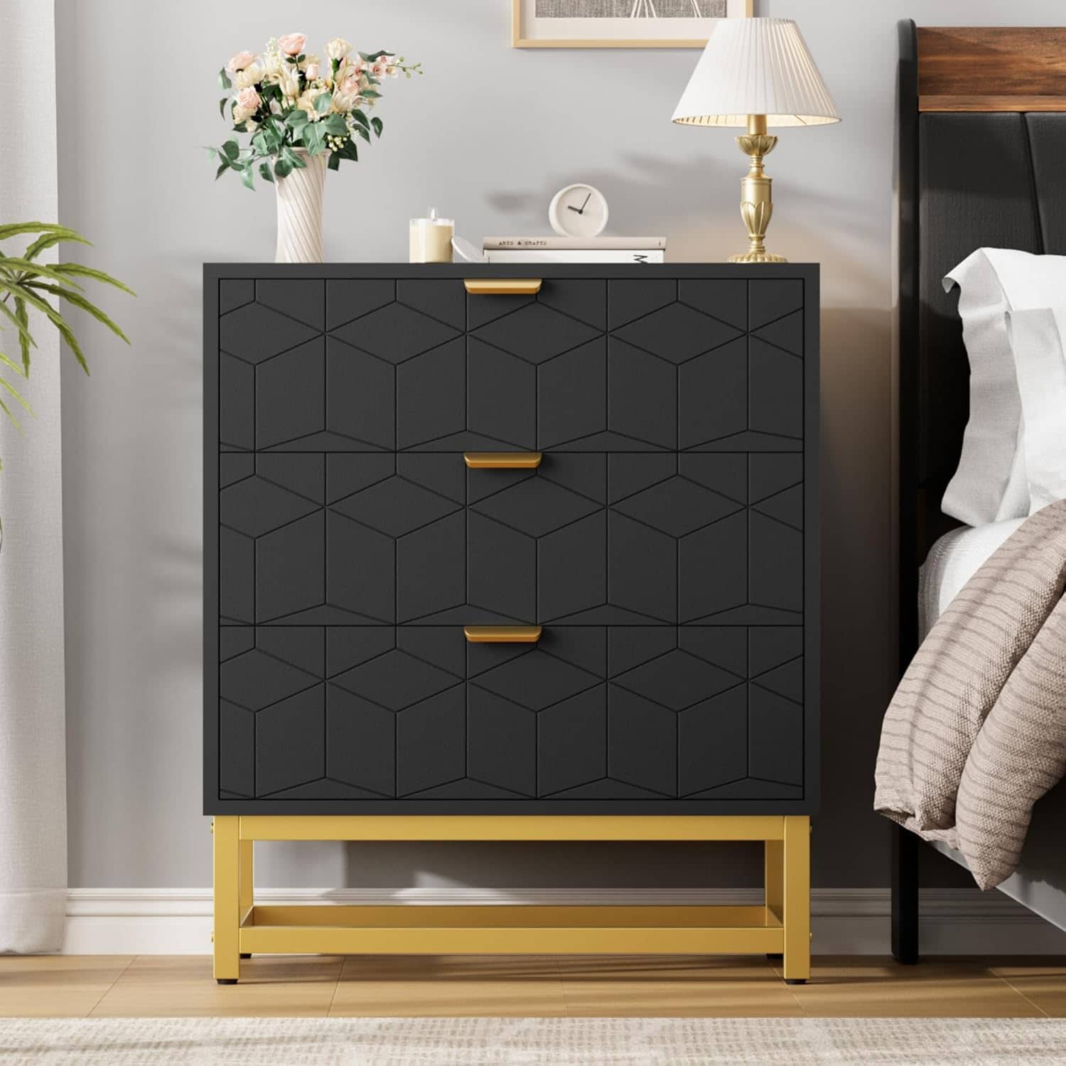 Qeetex GG-W546F047 Modern 3 Drawer Dresser Wide Chest with Gold Metal Legs and Handles Wood Storage Organizer for Bedroom Living Room Hallway Black