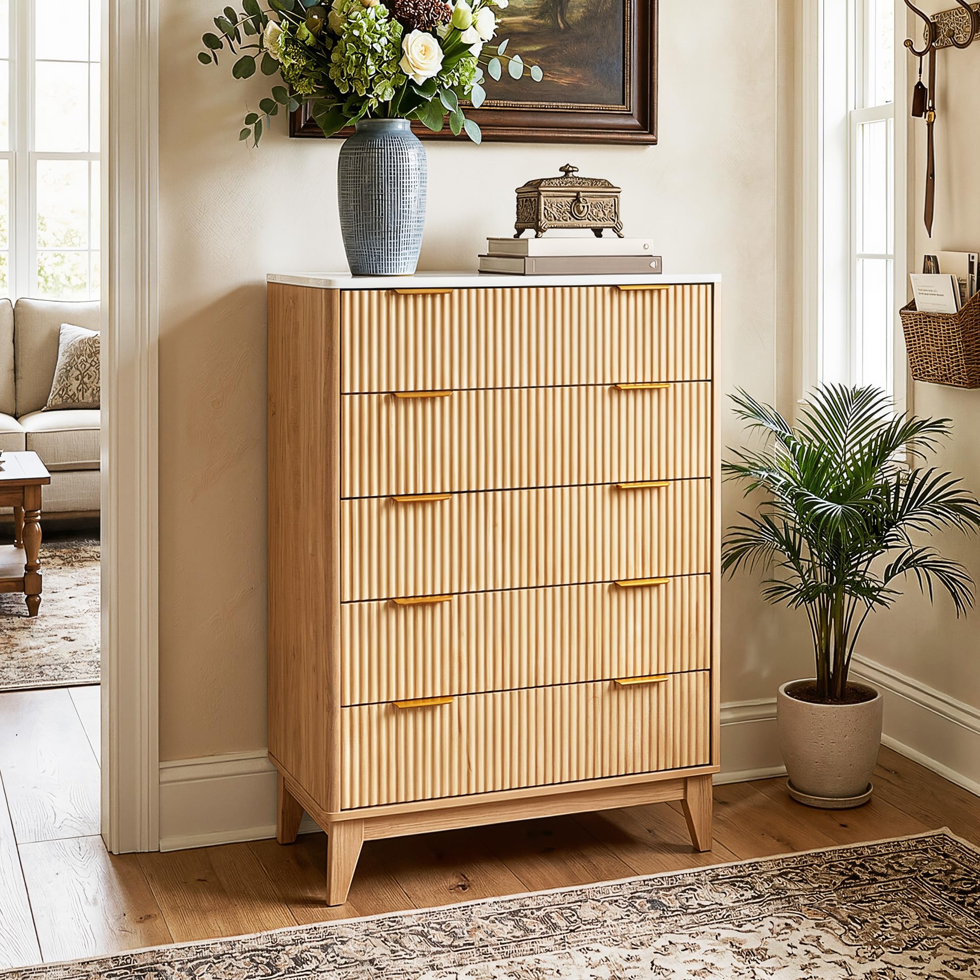 GarveeLife Fluted 5 Drawer Dresser for Bedroom Modern Wood Chest of Drawers with Curved Grooved Front and Gold Handles Tall Vertical Storage Tower for Living Room Hallway Entryway in the Dressers department