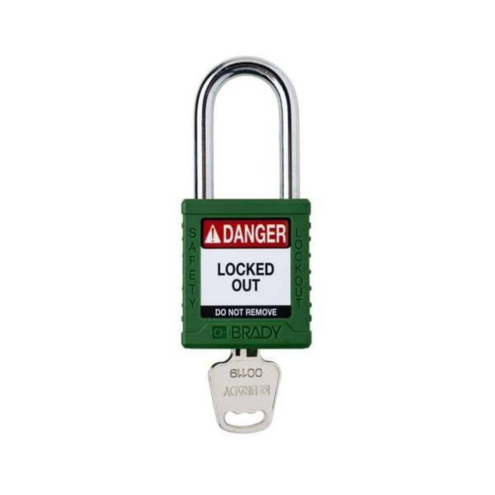 Brady  Padlock Keyed Different Nylon Green 1 1/2 in Shackle Height 1 1/2 in Body Width 1 No. of Keys