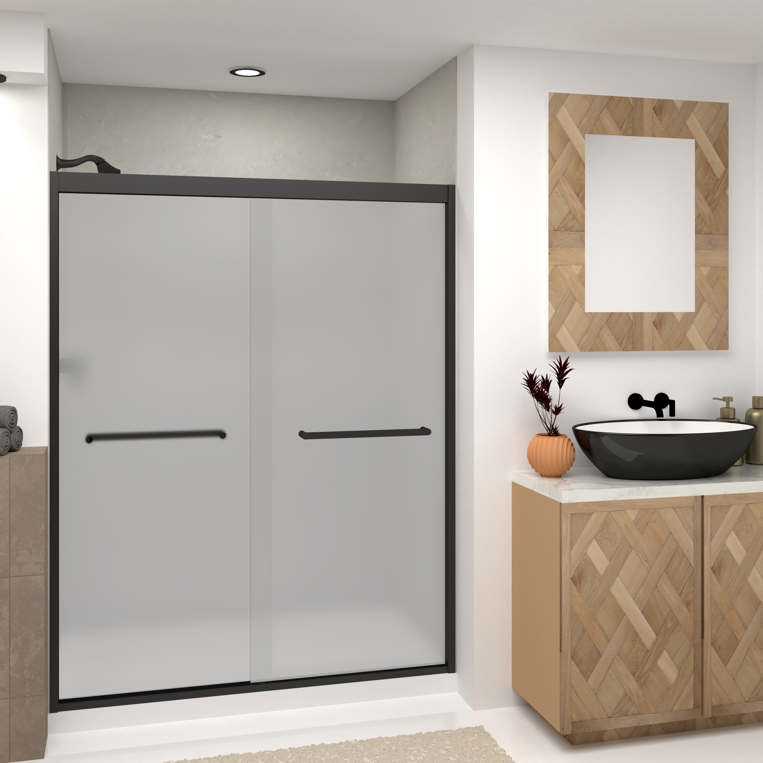 Transolid FBPT607608F-R-MB Frederick Matte Black 57-3/4-in to 59-in x 76-in Semi-frameless Sliding Soft Close Shower Door