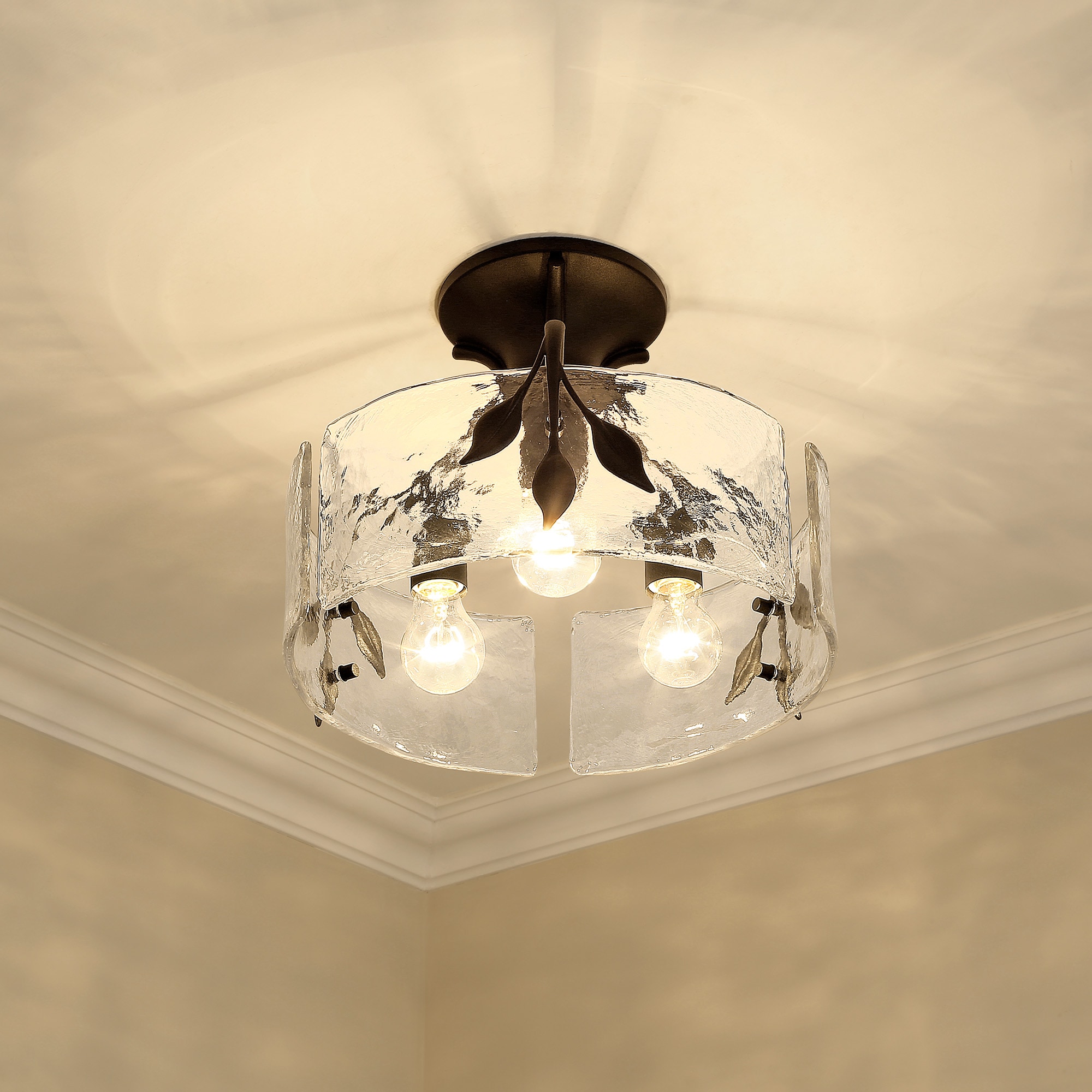 Natural Black Hammered Glass 3-Light Semi-Flush Mount