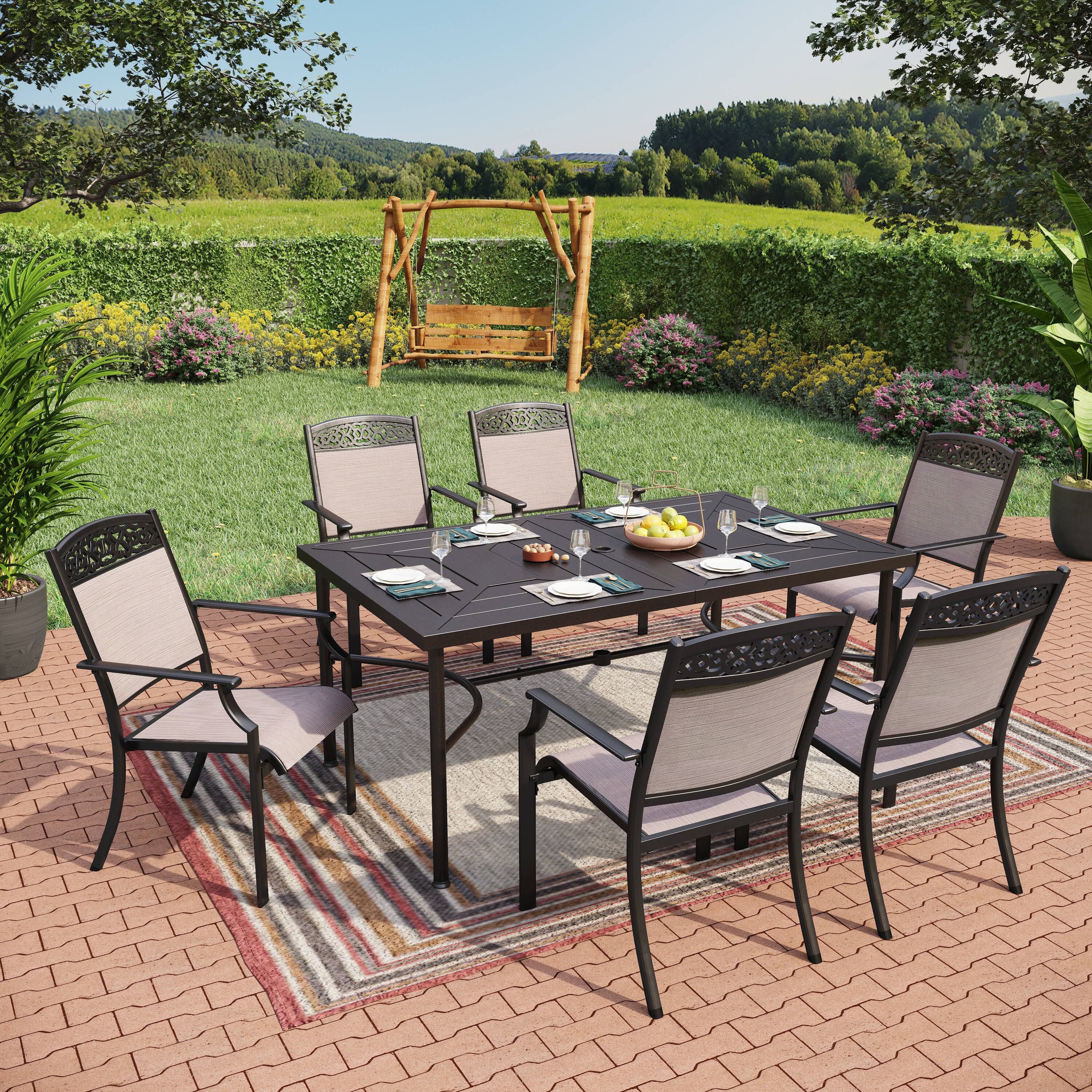 Sunshine Valley TC7-403-410 Outdoor Table and Chairs 7 -Piece Black Patio Dining Set Steel Rectangle Table with 6 Tan Stackable Stationary Chairs