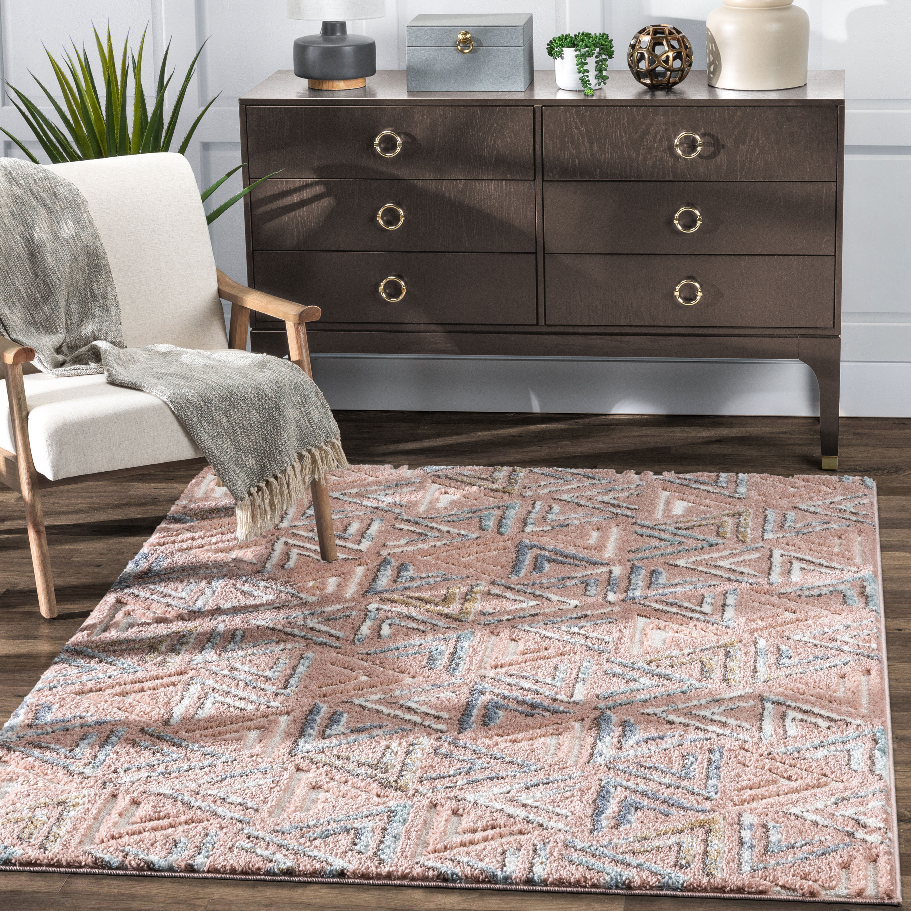 Well Woven DEL-59-4 Delia 3 x 5 (ft) Loomed Polypropylene Blush Rectangular Indoor Geometric Mid-Century Modern Area rug