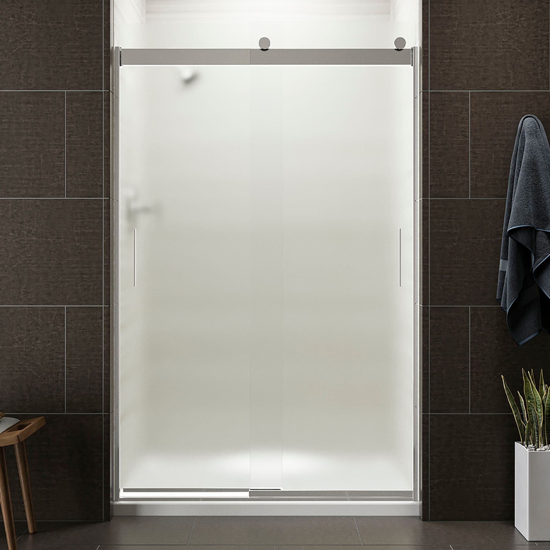KOHLER 706008-D3-SH Levity Bright Silver 43-in to 48-in W x 74-in H Frameless Sliding Soft Close Shower door 1/4-in Thick Frosted Glass