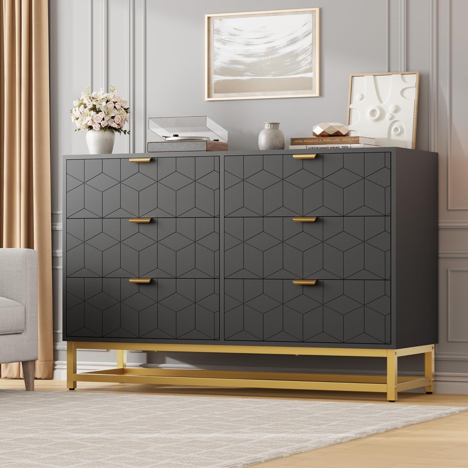 Qeetex YJCJ-PHO-34BGGNNF 47.2 inch Wide Modern 6 Drawer Dresser  Wide Chest with Gold Metal Legs and Handles  Wood Storage Organizer for Bedroom  Living Room  Hallway  Black