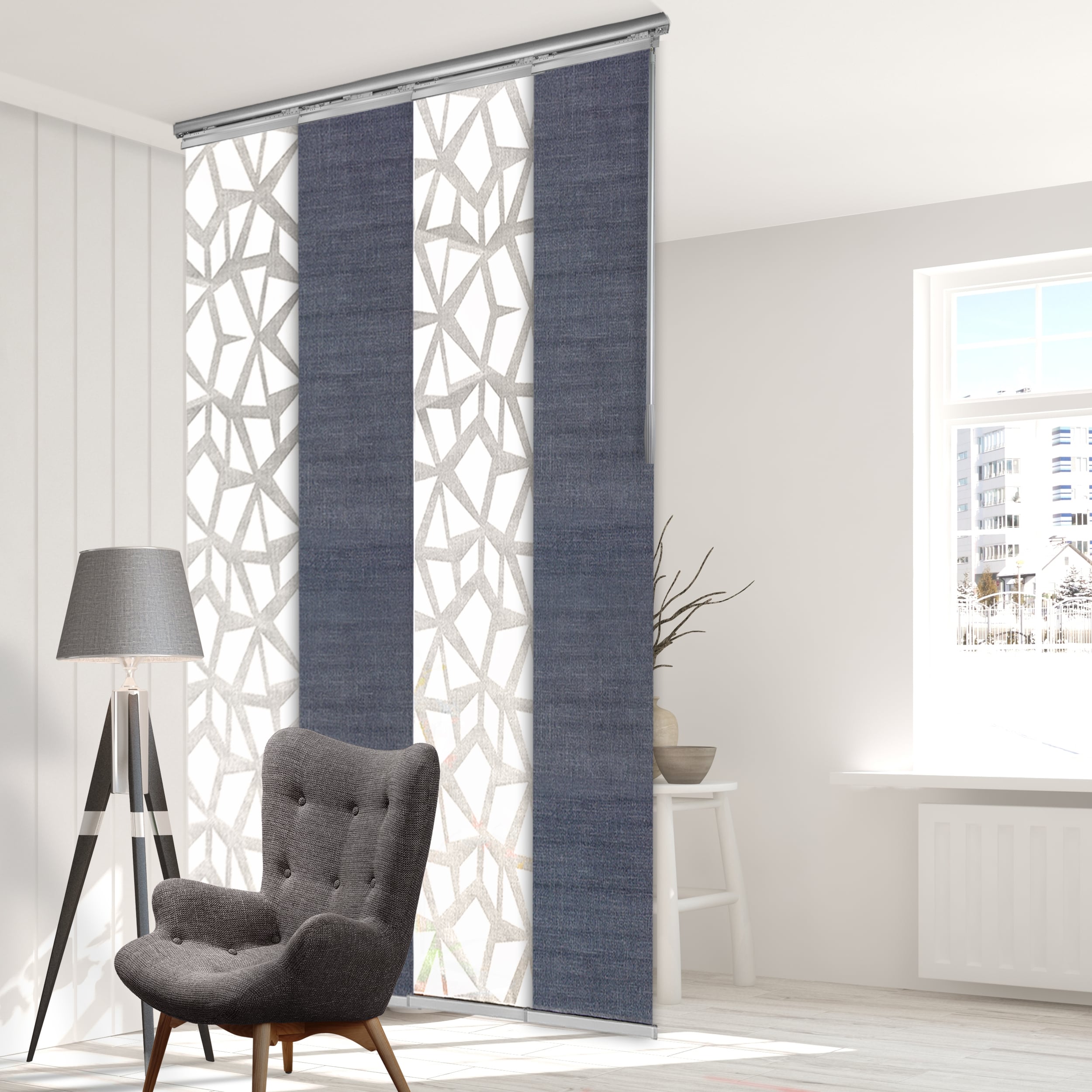Hart & Harlow L-T16-4-2P21D2P10D 4-Panel Single Rail 15.75-in Slat Width 57-in x 91.4-in Cordless Cobalt, Lattice Fabric Light filtering Panel track blinds