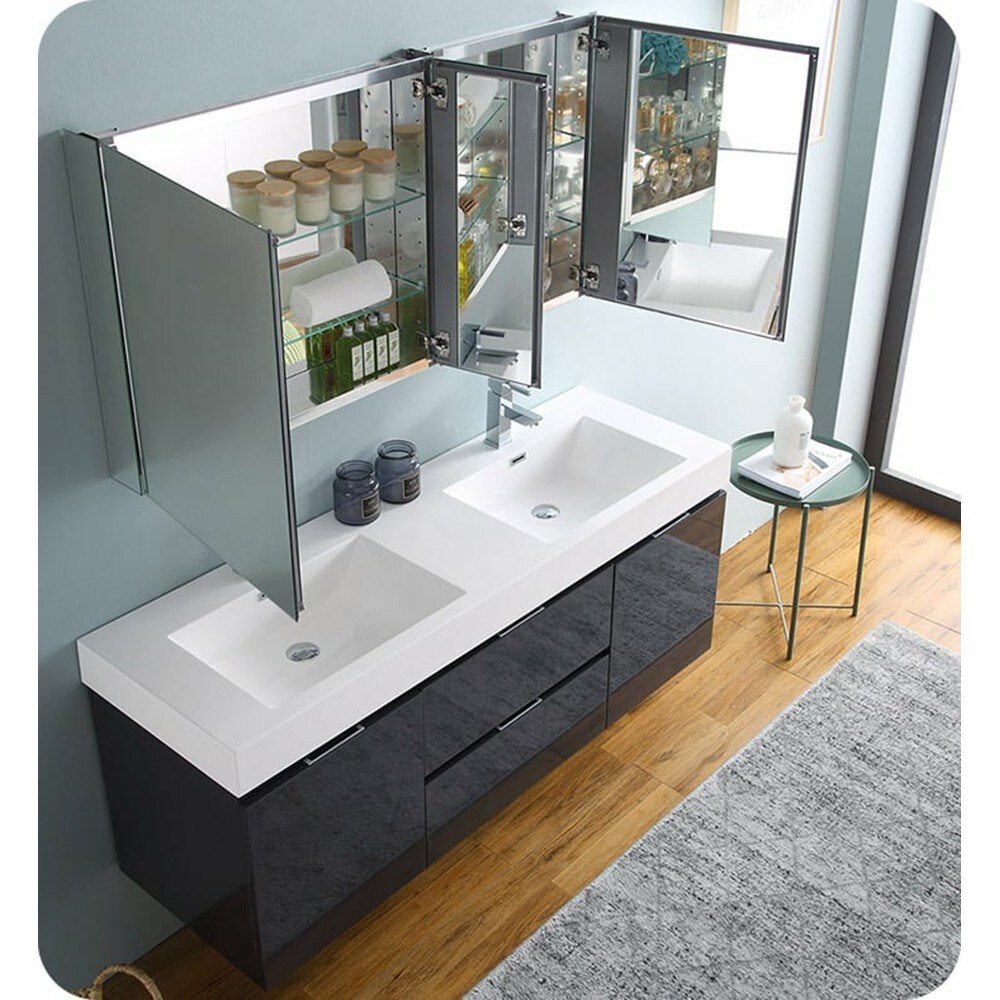 Glossy Gray 60" Wall-Mount Double Sink Modern Vanity