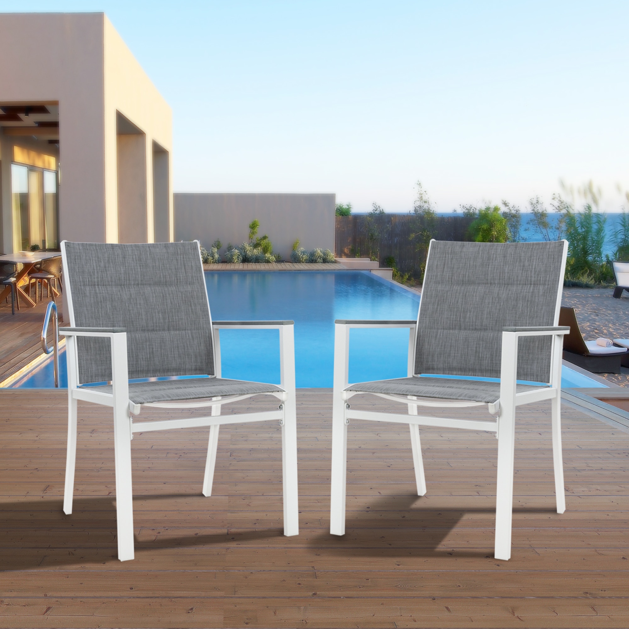 Brown Powder-Coated Aluminum Dining Chair with Gray Cushions - Set of 2