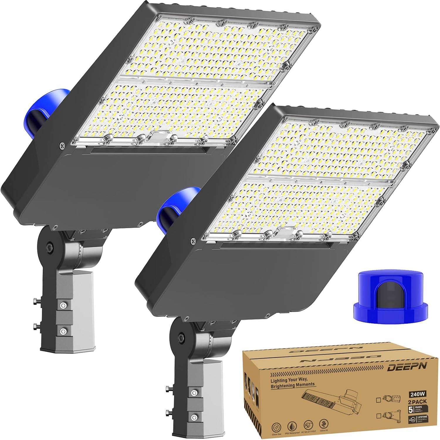 Deepn B0DHXXDT1H 2Pack 240W Commercial Street Lights IP66 6500K LED Flood Lights with Photocell Arm  Slip Fitter Mount Dusk to Dawn​