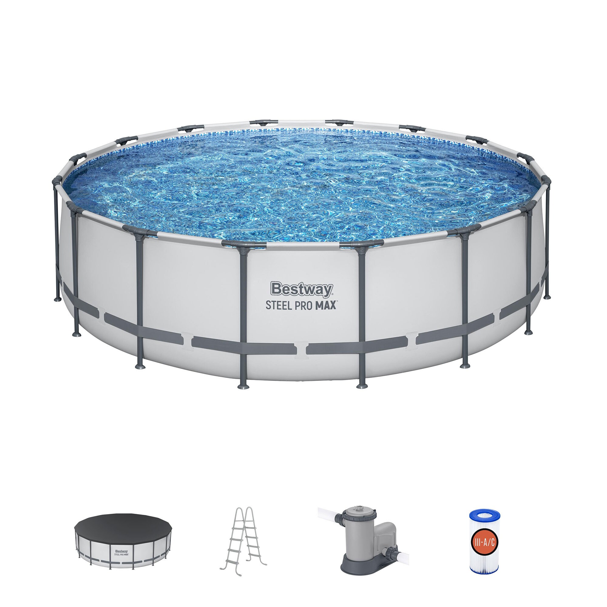 Bestway 16-Feet x 16-Feet x 48-Inches Steel wall panels Round Above-Ground Pool with Filter Pump with Pool Cover with Ladder