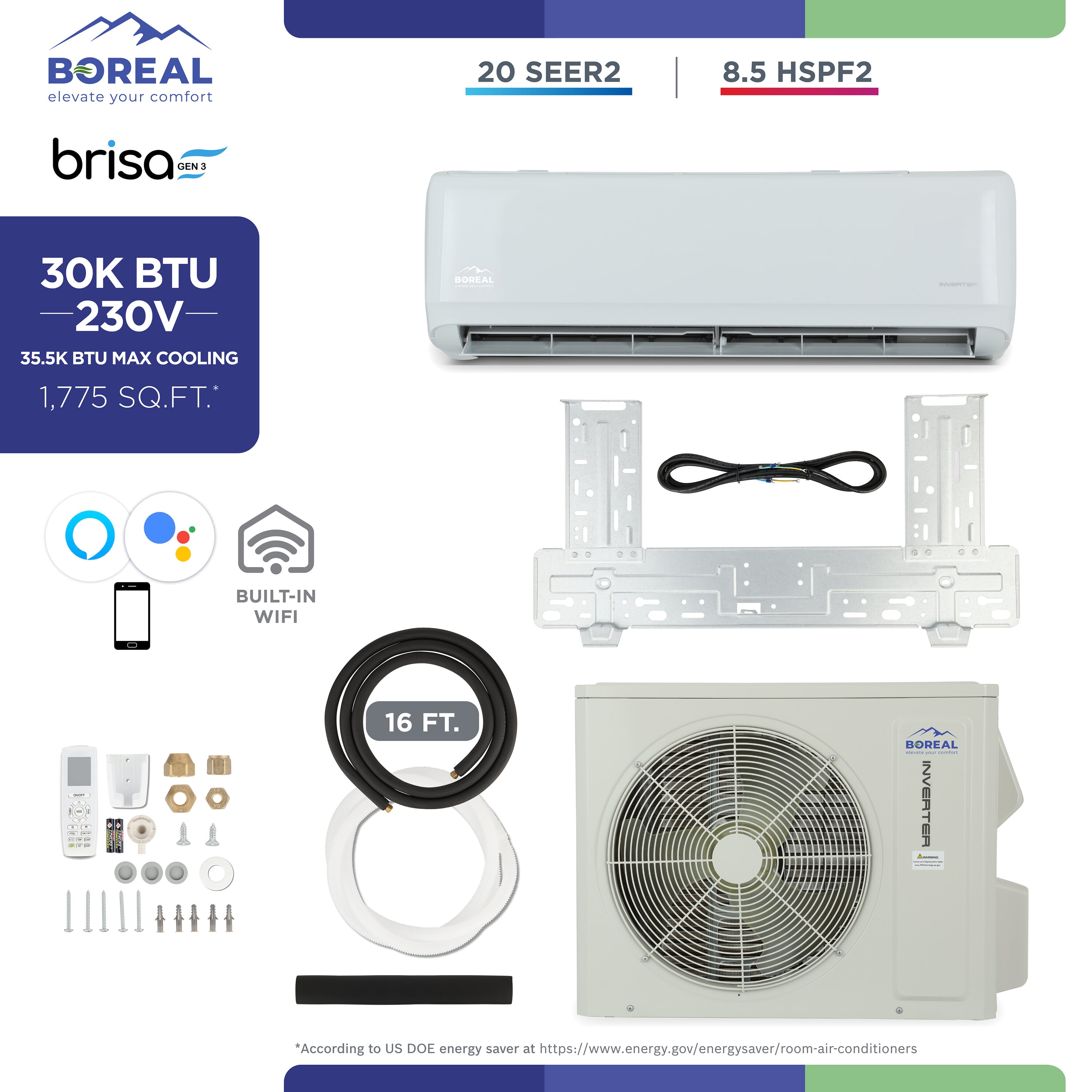 BOREAL 3BRS30HPJ1IAK Brisa Single Zone 35500-BTU 20 SEER Ductless Mini Split Air Conditioner Heat Pump Included with 16-ft Line Set 230-Volt