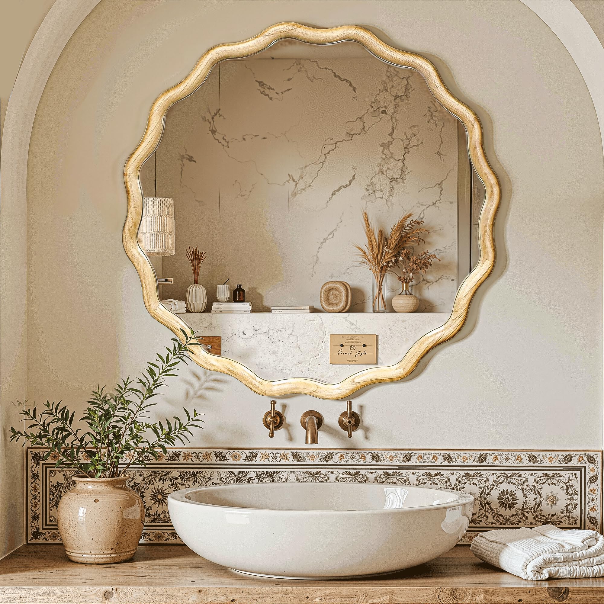 OMOMMD Wavy Round Mirror Solid Wood Frame Shatterproof Glass Farmhouse Wall Mounted