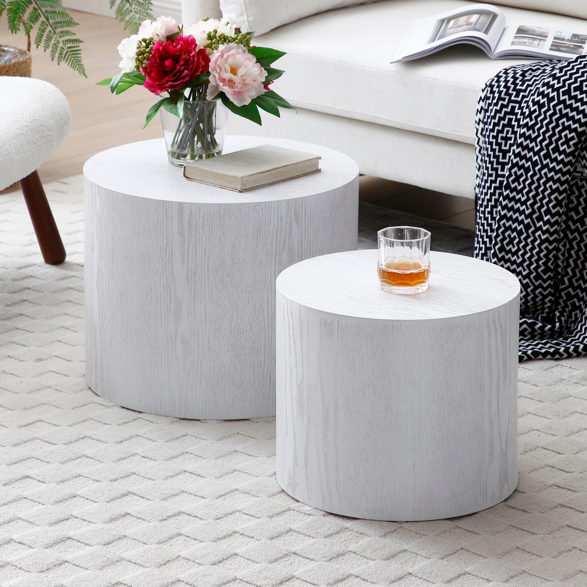 Huluwat JJ-03020011 XJ Round Coffee Table Set of 2; Nesting Coffee Tables for  MDF with  veneer for living room;office;bedroom;Natural; 4Colors WHITE