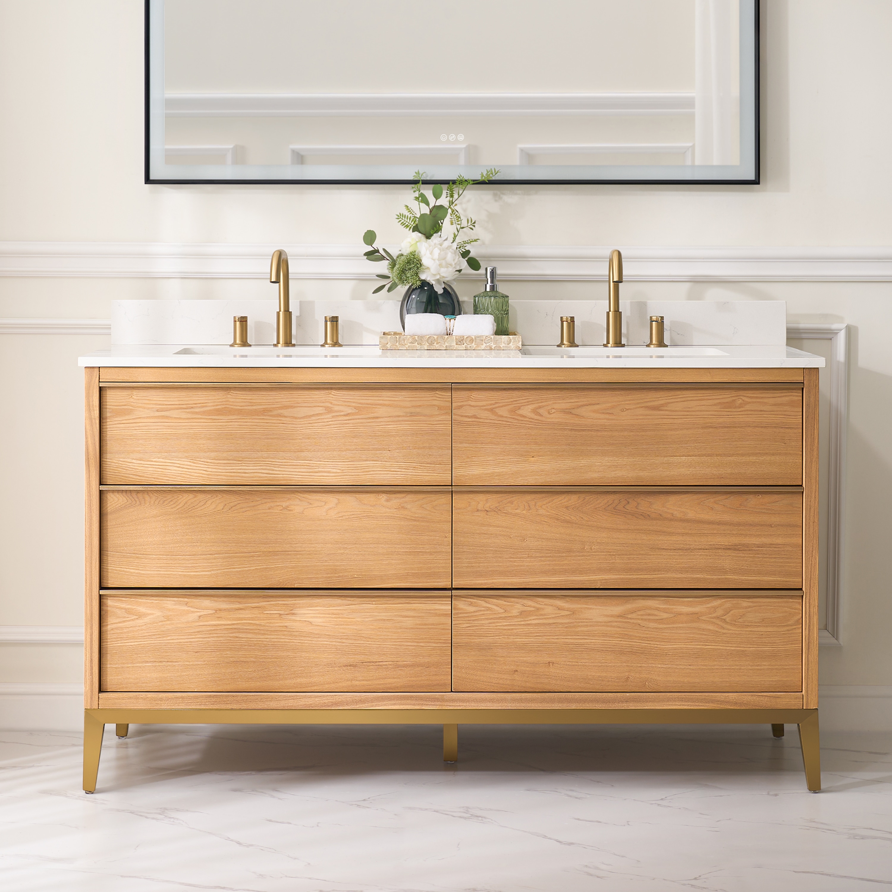 WELLFOR NOLAN60QZ-OAK NOLAN Solid Wood Bathroom Vanity 60-in Oak Undermount Double Sink Bathroom Vanity with Carrera White Quartz Top