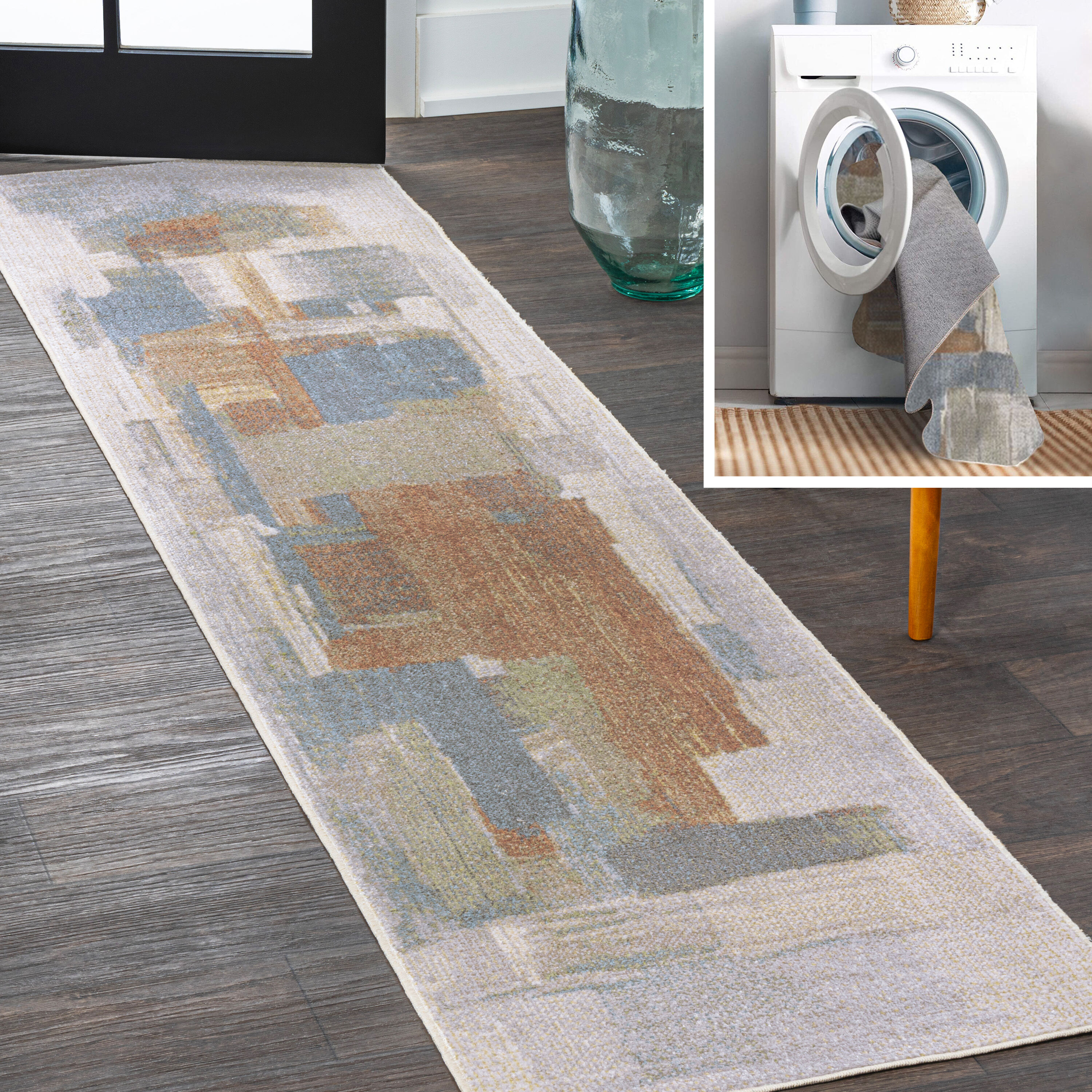 JONATHAN  Y WSH302A-28 WASHABLE Weaver Abstract Coastal Watercolor 2 x 8 (ft) Loomed Polyester Cream/Multi Rectangular Indoor Abstract Coastal Machine washable Runner rug
