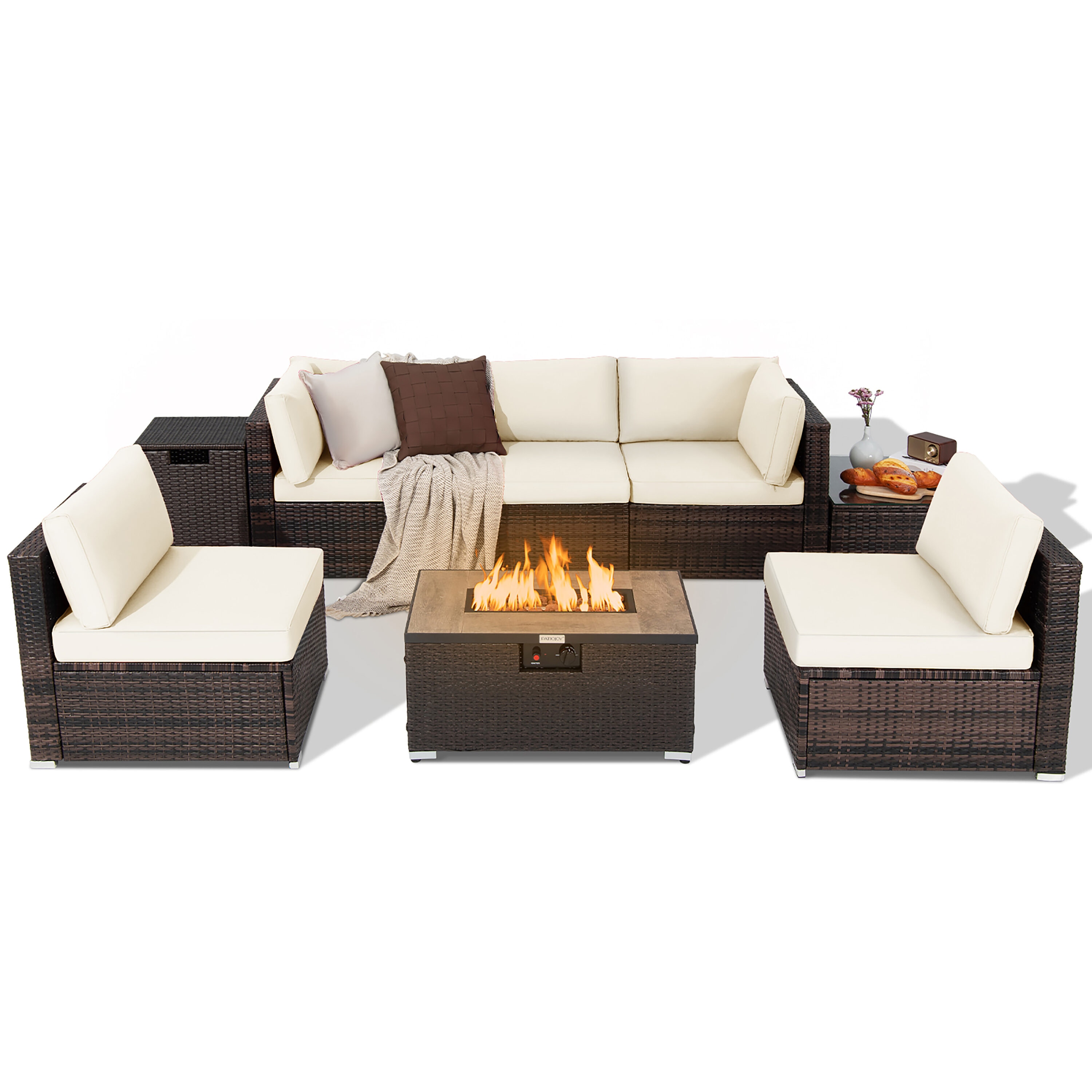 Costway NP10261CF+HW67937WH 7 -Piece Rattan 2 Patio Sofa Conversation Set with White Cushions