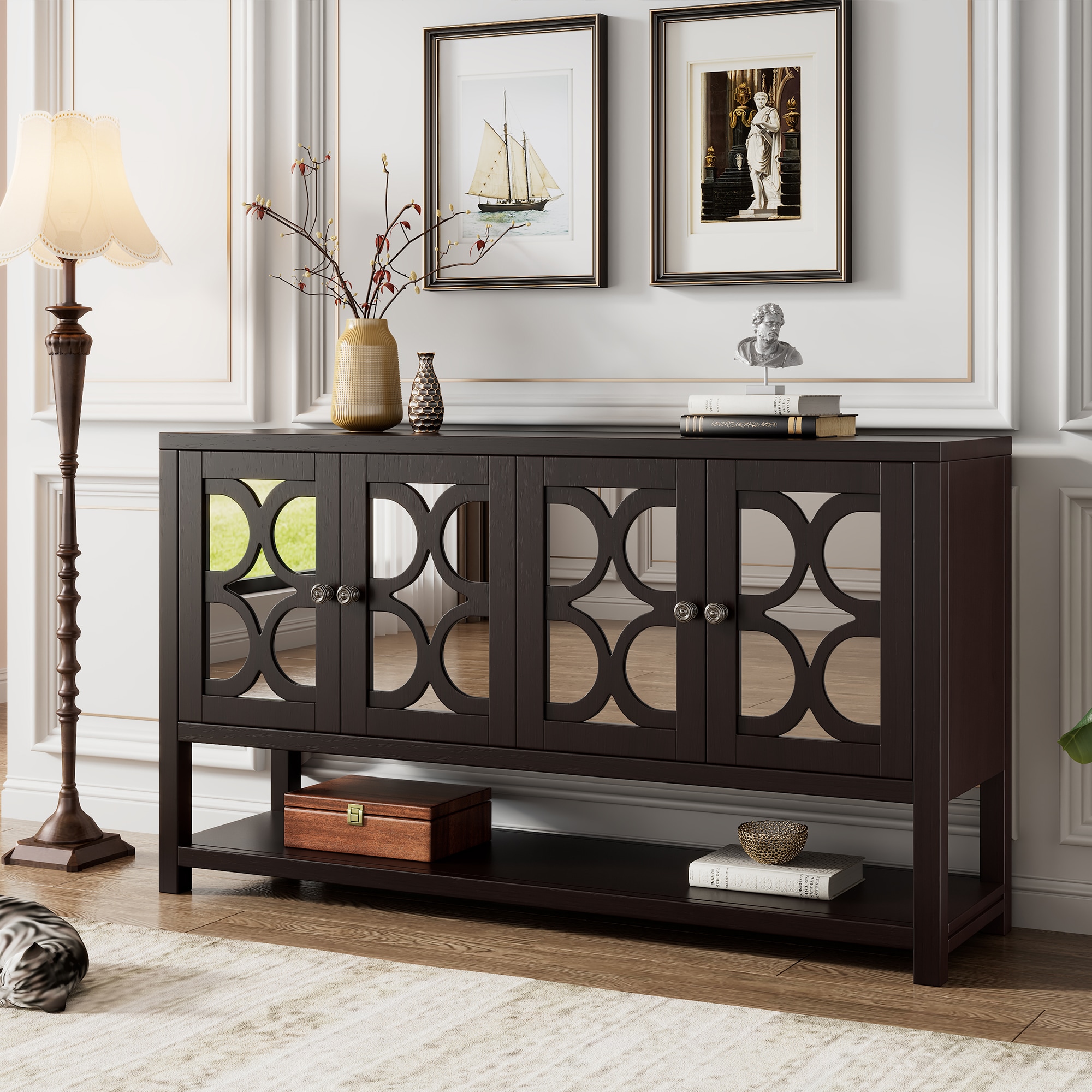 ModernLuxe XW000022AAP Elegant Retro Console TableStorage CabinetSideboard with Mirrored Doors Spacious Shelves and Durable Acacia Wood Legs  Perfect for Living Room Dining Room or Entryway Espresso