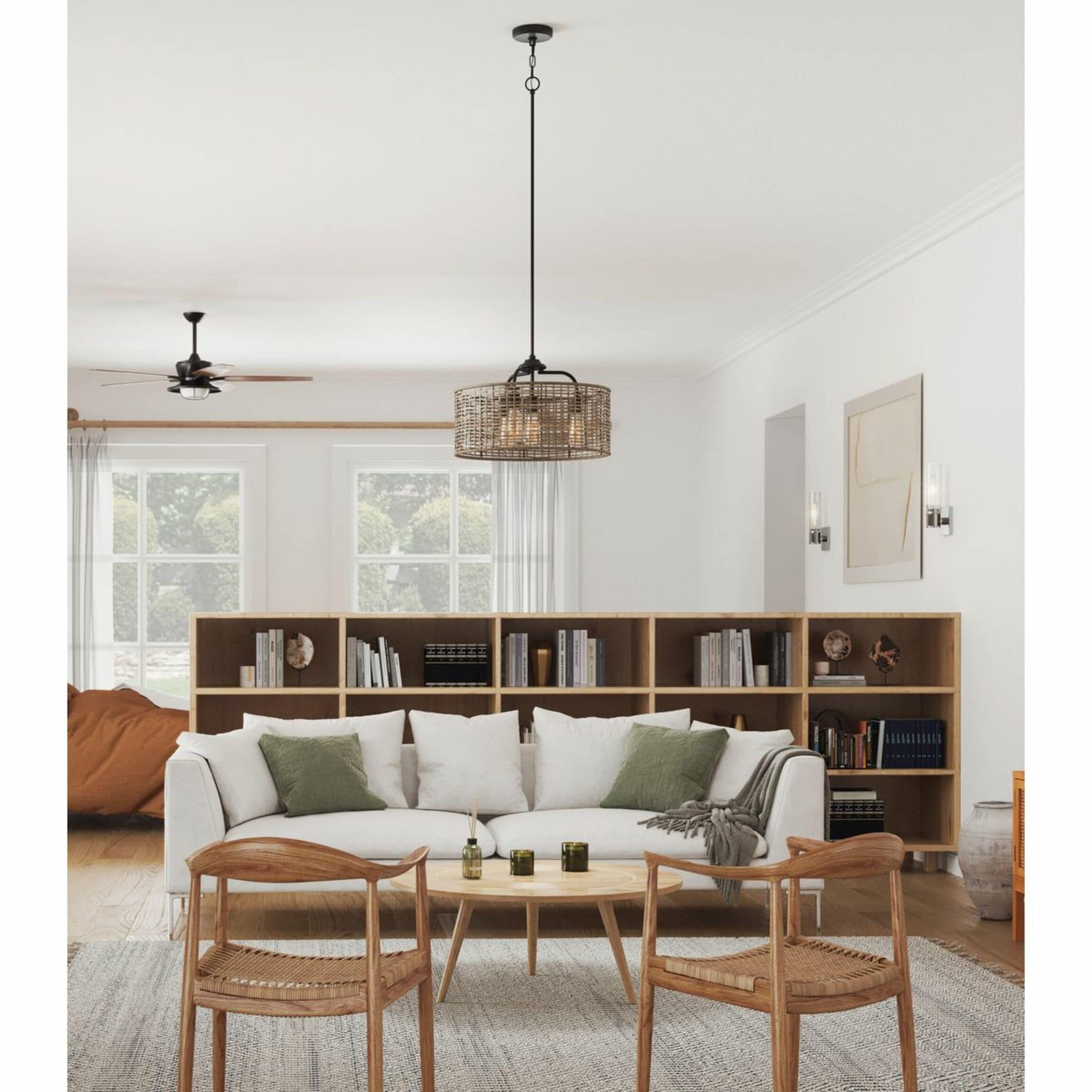 Lavelle 20.5" Matte Black Natural Rattan Drum Pendant Light