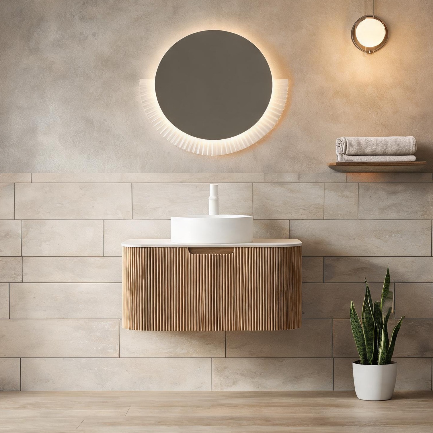 Watnature Natural Woodgrain Plywood 30 Inch Floating Vanity with White Round Ceramic Basin and Sintered Stone Top