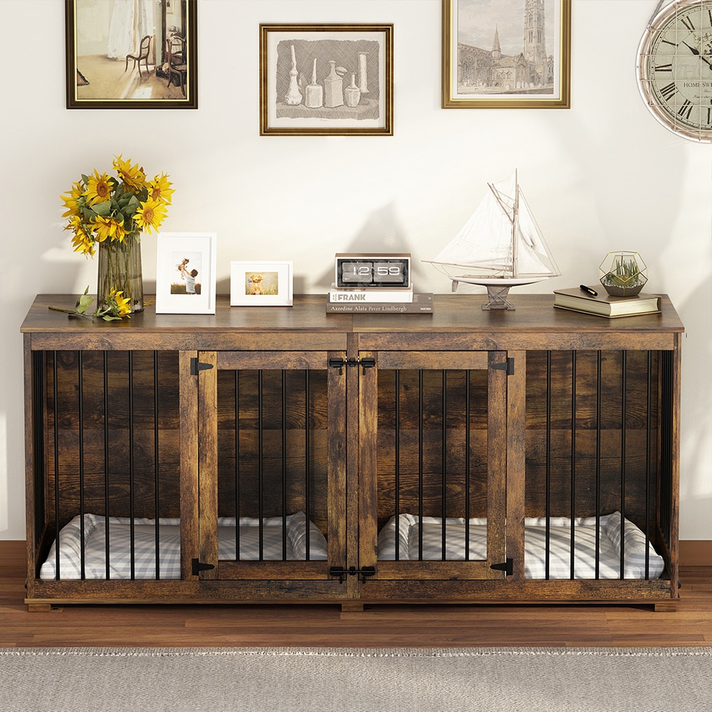 Homsee C-KF150145-04 Indoor Wooden Dog Crate with Steel Frame Safety Lock and Raised Base for Large Dogs Pet House 70.1''L x 22.8''W x 31.5''H Brown